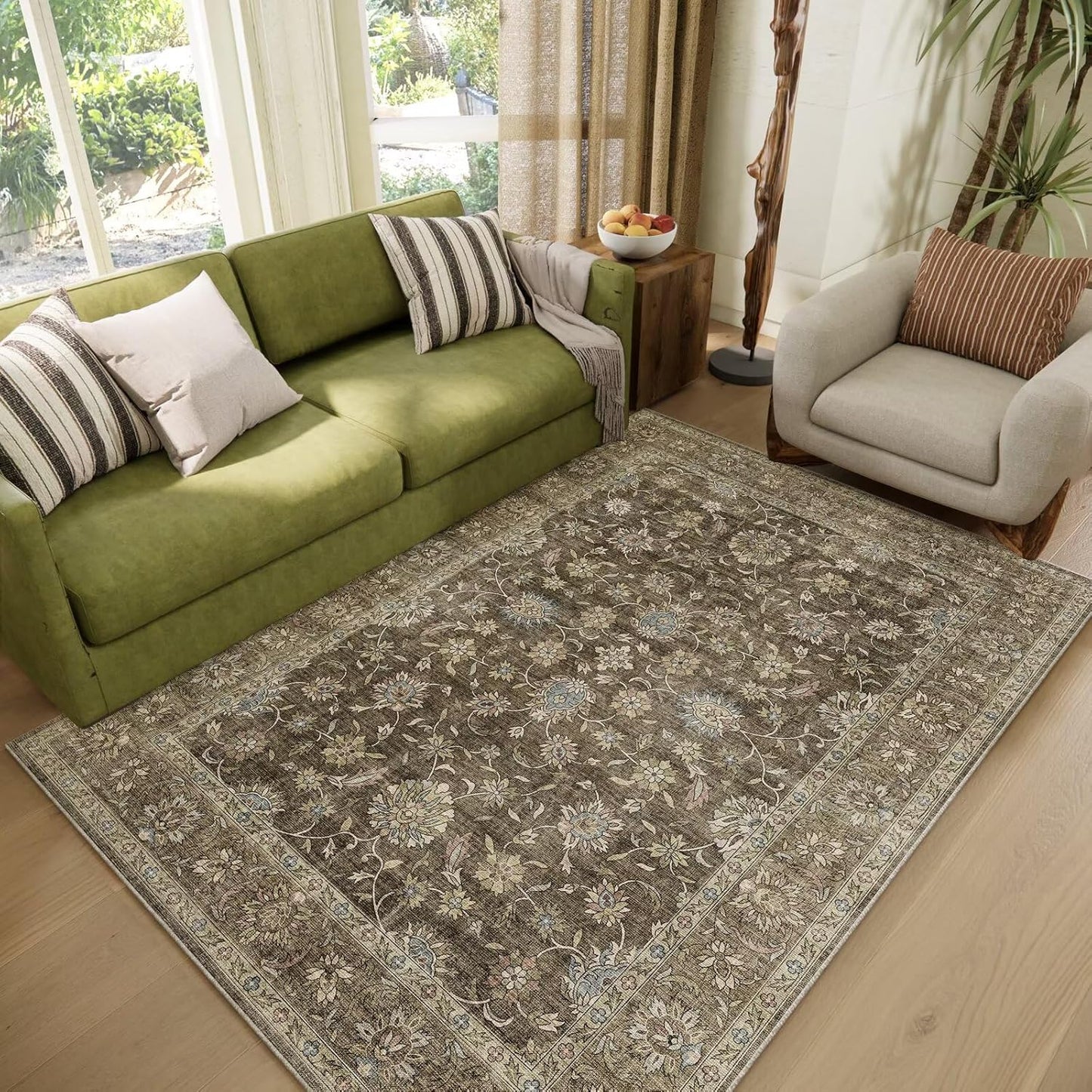 Washable 4x6 Rugs for Living Room, Boho Non-Slip Silicone Backing Small Rugs for Bedroom Nursery Office, 0.3" Neutral Oriental Throw Carpet with 0.16" Cushioning Pad, Flaxen/Multi