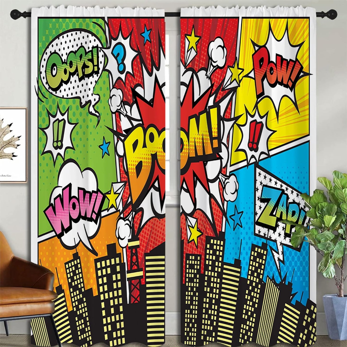Superhero City Wars Explosion Rod Pocket Blackout Curtains for Boy Girl Bedroom, Colorful Comics Ar Thermal Insulated Home Window Drapes for Living Room Darkening, 84x72 inch