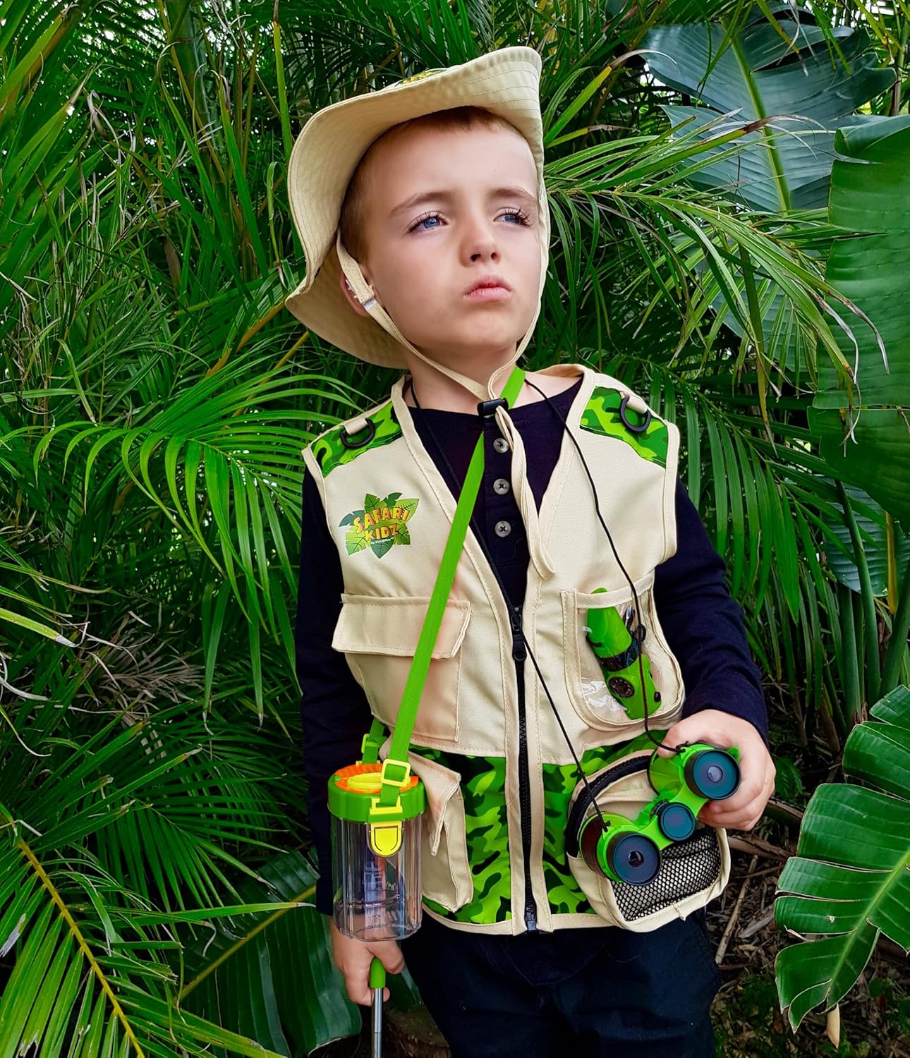 Bug Hunting Kit, Green Safari Vest, Hat, Binoculars, Lg. Butterfly Net, Bug Container, Whistle, Flashlight, Magnifier, Thermostat, Compass, Age 3+