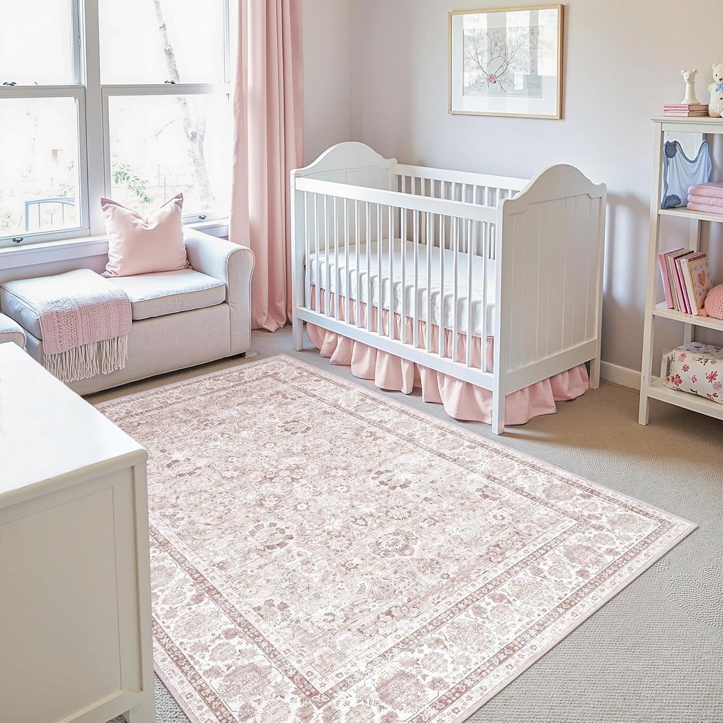 Light Pink 4x6 Rugs for Bedroom Nursery Rug Vintage Aesthetic Cute Boho Floral Washable Area Rug Indoor Carpet for Kids Room Playroom Living Room