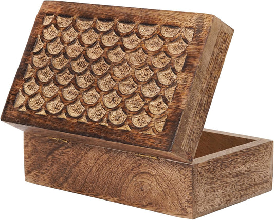 Carved Scallop Mango Wood Box with Lid - Medium Burnt Medium Wood Boxs - Handmade Decorative Boxs with Lid for Use As Memory Boxs, Keepsake Box, Photo Storage Box, and more - 7.5” x 4.5” x 3”
