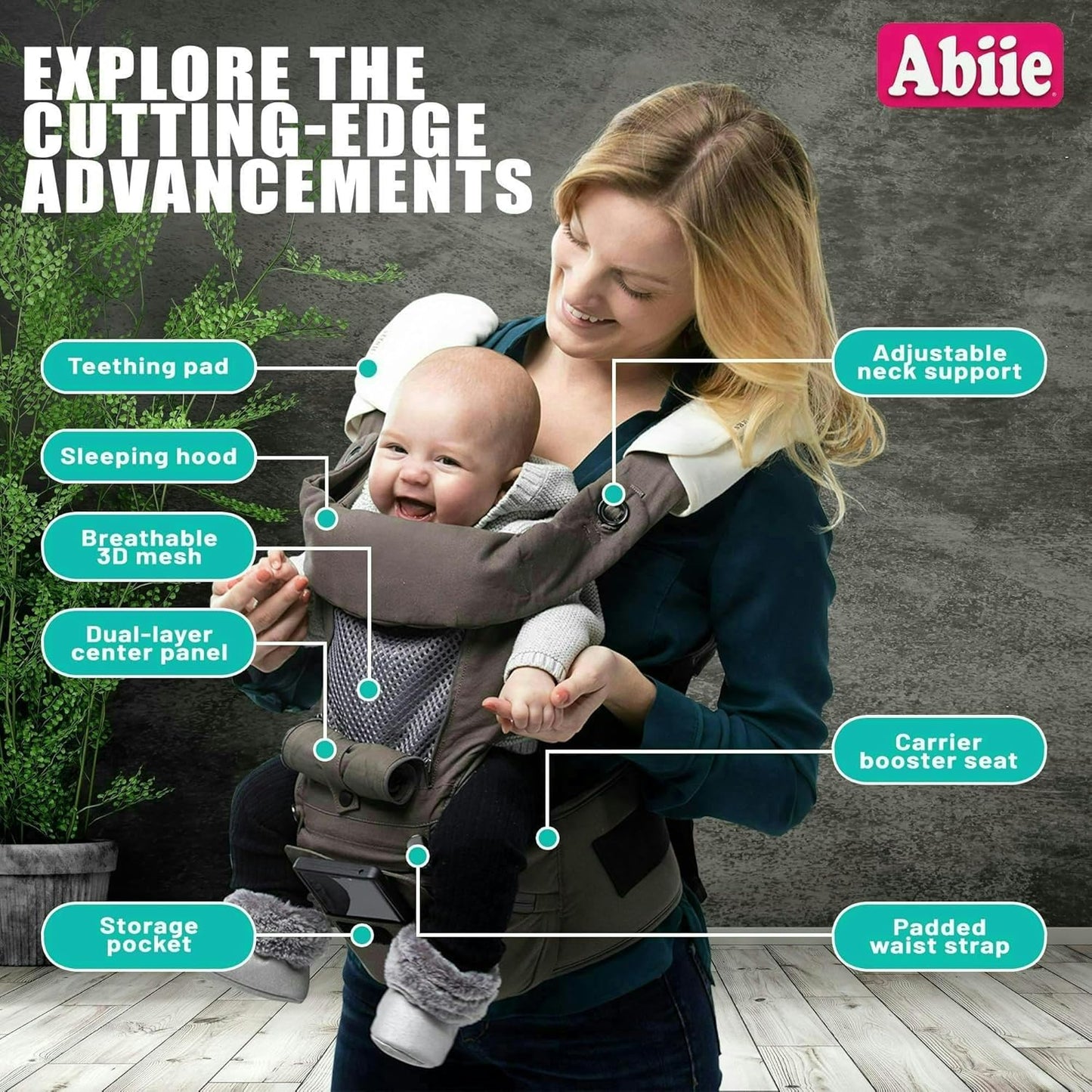 Abiie HUGGS 3-in-1 Baby Carrier with Hip Seat - Front Facing, Hip Hugger, Back Baby Carrier - Healthy Sitting (M) Position, 3 Mos.-Toddler - Buckle Type Closure - Approved by US Safety Standards