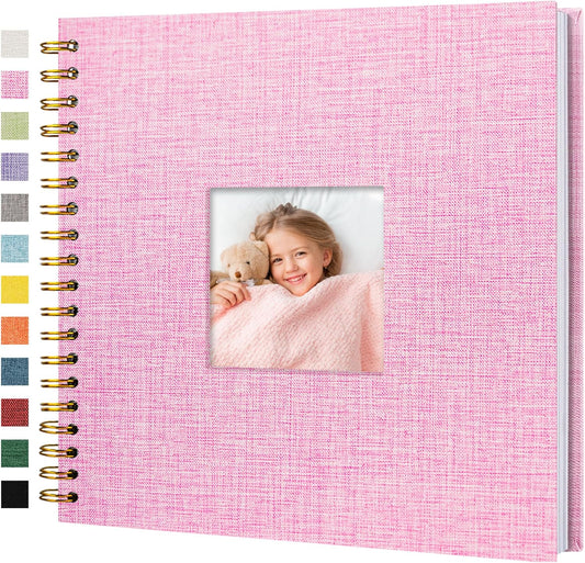 Scrapbook Photo Album Linen Cover, 10 x 10 Inch Hardcover Kraft White Pages Memory Book, for Travel Wedding Guest Book Christmas Baby Shower (20 Sheets/ 40 Pages,Pink)