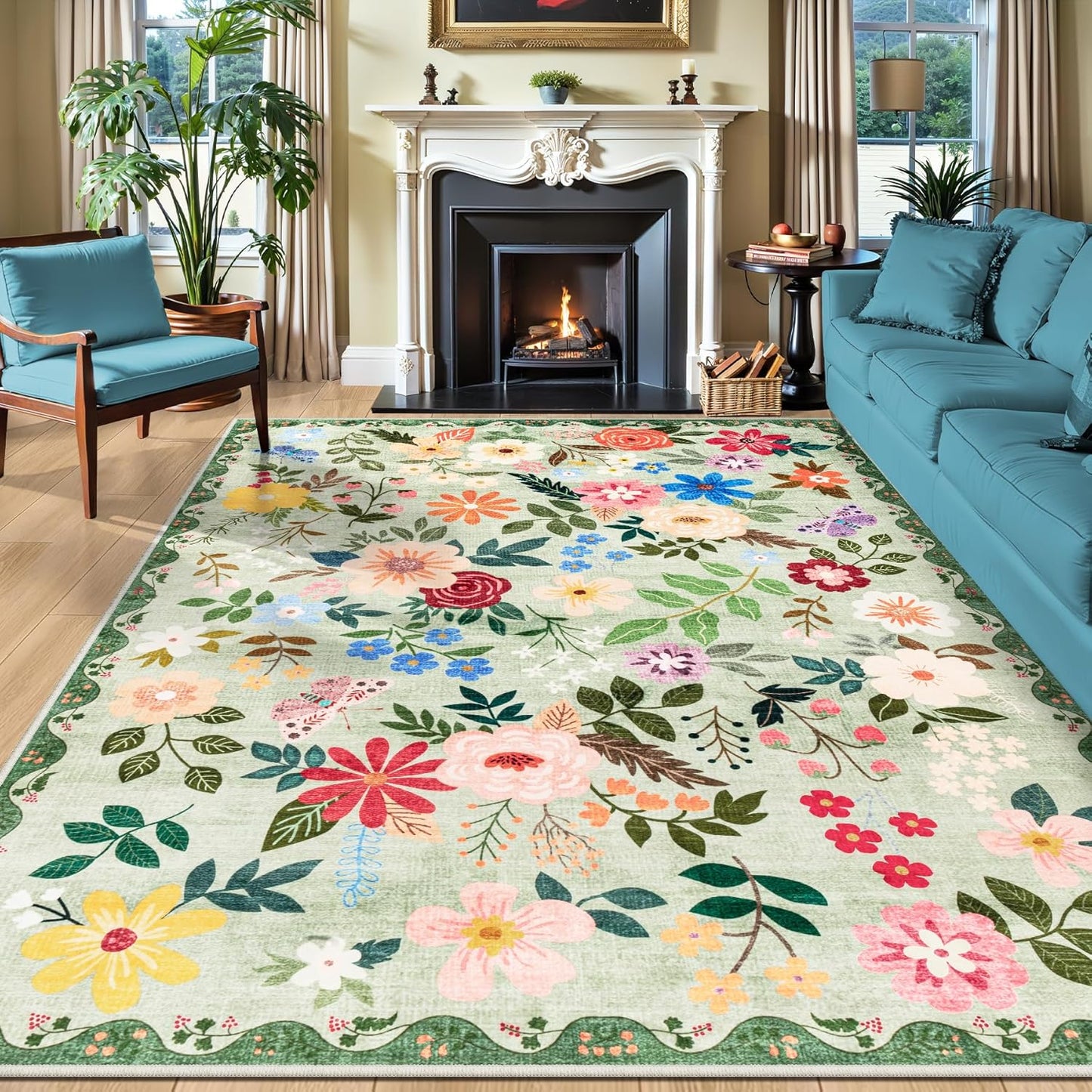 8x10 Area Rugs for Living Room: Floral Washable Rug Vintage Large Soft Boho Non-Slip Carpet Indoor Stain Resistant Low Pile Carpets for Bedroom Dining Room Farmhouse Nursery Hallway Home Office Green