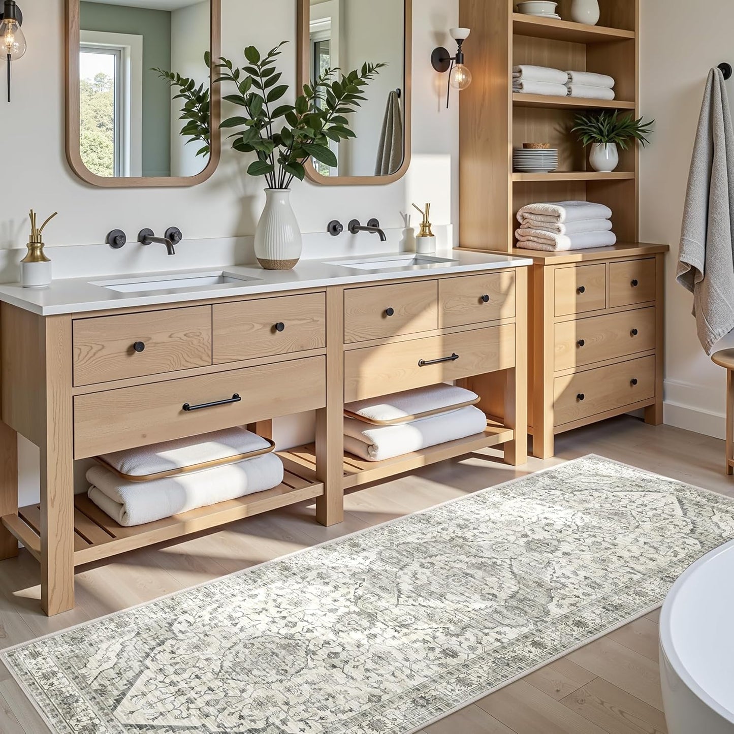 3x7 Runner Rugs for Hallway Non-Slip Hallway Runner Rug with Rubber Backing Washable Rug Runner for Kitchen Bedroom Vintage Distressed Carpet (Border Cream)