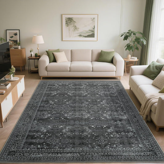 5x7 Machine Washable Area Rug for Living Room Bedroom, Vintage Kitchen Rugs Non Slip, Traditional Indoor Floor Floral Print Carpet for Dining Room, Farmhouse, Office Classroom Black/Gray