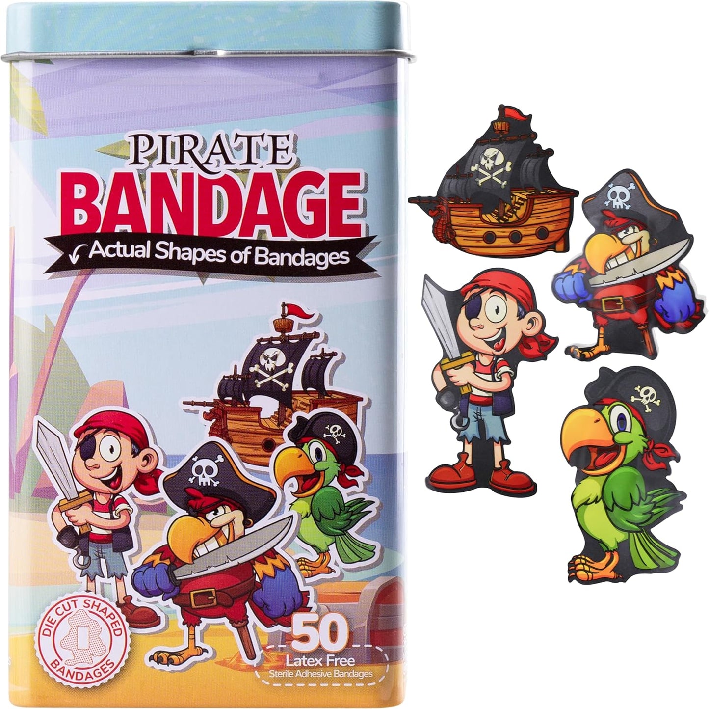 BioSwiss Bandages, Pirate Shaped Self Adhesive Bandage, Latex Free Sterile Wound Care, Fun First Aid Kit Supplies for Kids and Adults, 50 Count