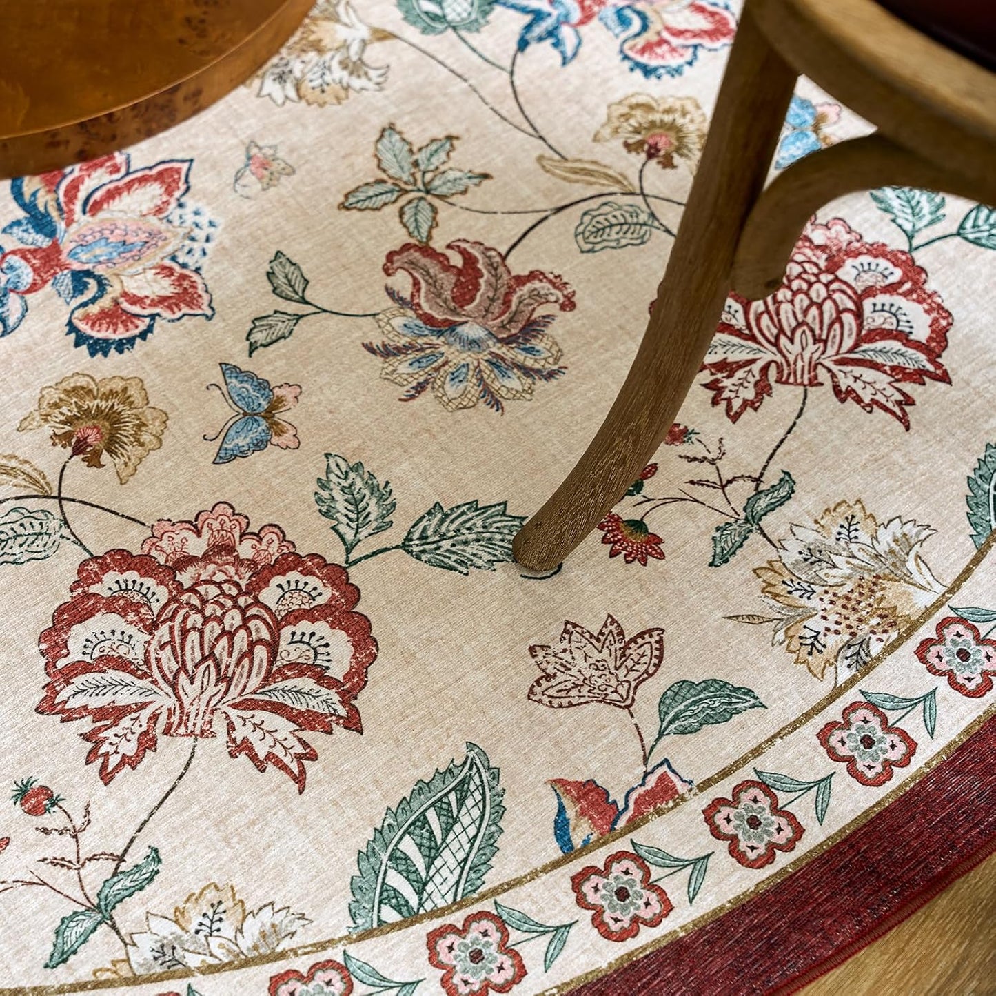 jinchan Floral Corner Rug for Entryway Washable Kitchen Rug Vintage Romance Design Non Slip Quarter Circle Lightweight Low-Pile Throw Carpet for Playroom Reading Nook Nursery, 4ft Radius, Red/Beige