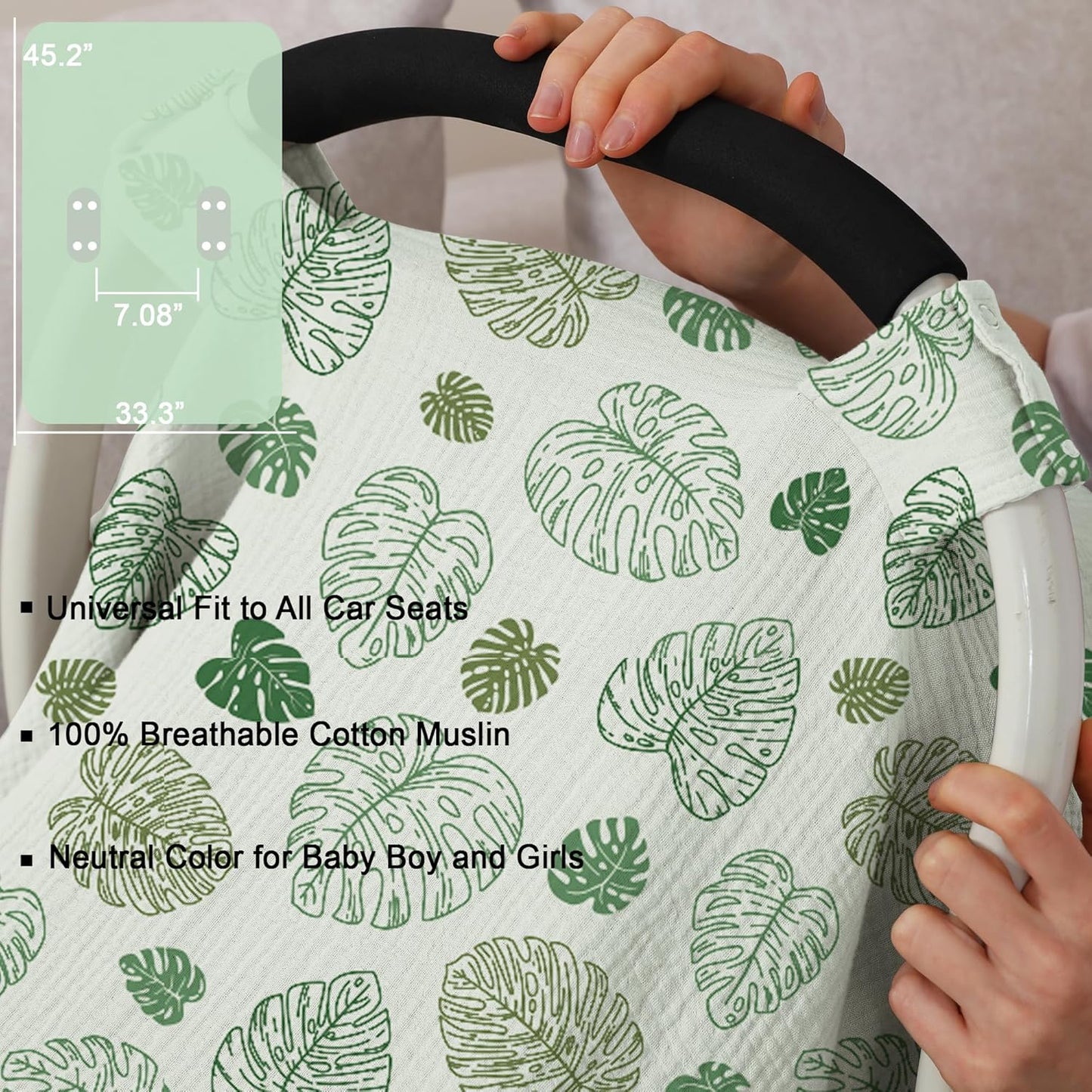 100% Muslin Cotton Car Seat Cover Baby, Carseat Canopy Cover, Universal Fit Stroller Covers for Boys and Girls (Monstera Green)