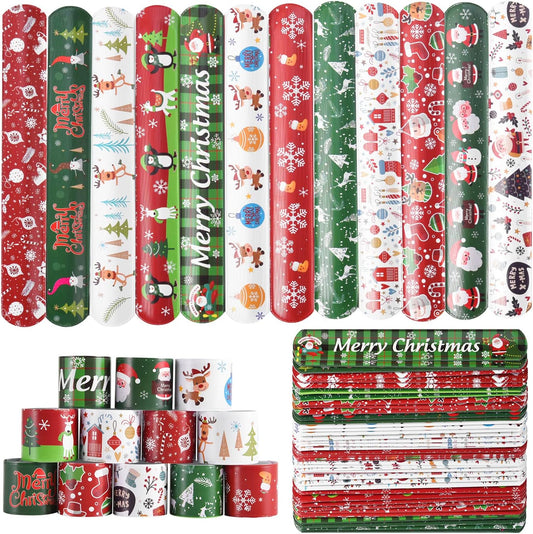 48PCS Christmas Slap Bracelets Slap Xmas Snap Bracelet Party Favors Toys Slap Bands Assorted Christmas Theme Pattern for Christmas Party Favors