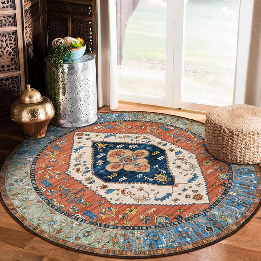 Lahome Ultra-Thin Round Rugs - 6ft Washable Round Area Rugs for Living Room Non-Slip Throw Circle Rugs for Bedroom Dining Room Rug, Non-Shedding Office Rug Oriental Round Carpet for Bedroom Kitchen