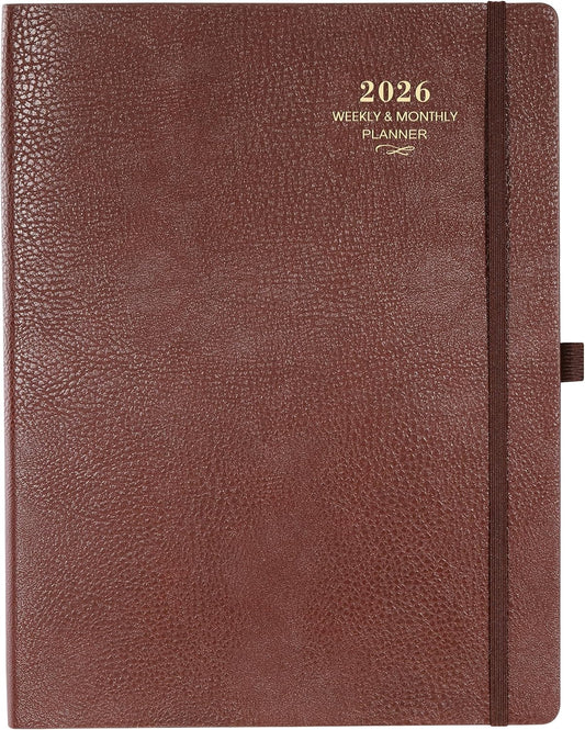 2026 Planner - JAN 2026 - DEC 2026, Planner 2026, Weekly and Monthly Planner, Leather Cover Calendar Planner with Thick Paper, Back Pocket with Notes Pages, Brown (8.5" x 11")
