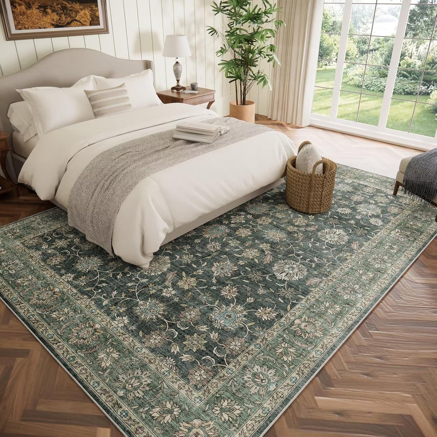 Washable 8x10 Area Rugs for Living Room, Boho Non-Slip Silicone Backing Rugs for Bedroom Dining Room Nursery Office, 0.3" Neutral Oriental Throw Carpet with 0.16" Cushioning Pad, Sage Green/Multi