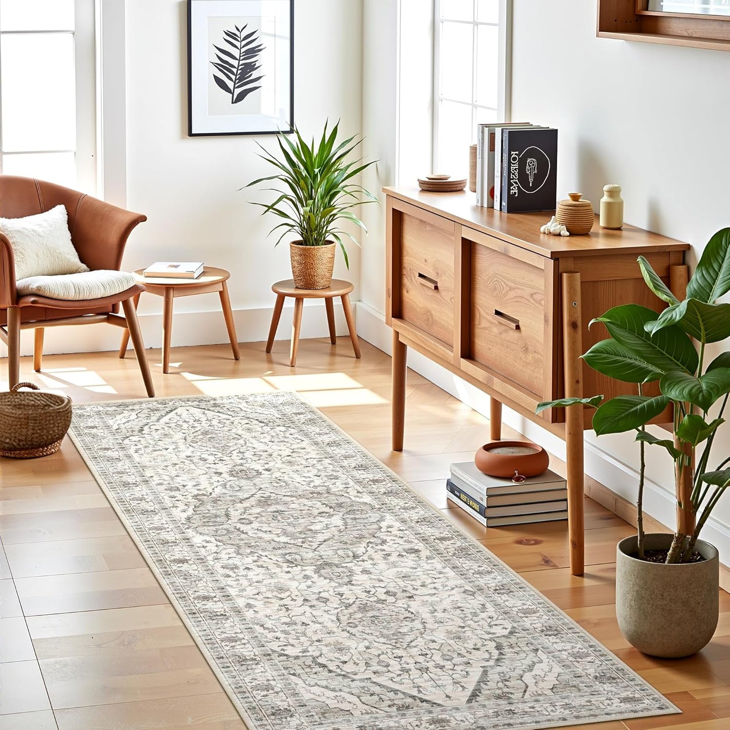 Runner Rug 2x5 Rug Boho Small Washable Area Rugs for Entryway Bathroom Kitchen, Hallway Runner Rugs Soft Low Pile Non-Slip Rubber Backing Oriental(Border Cream