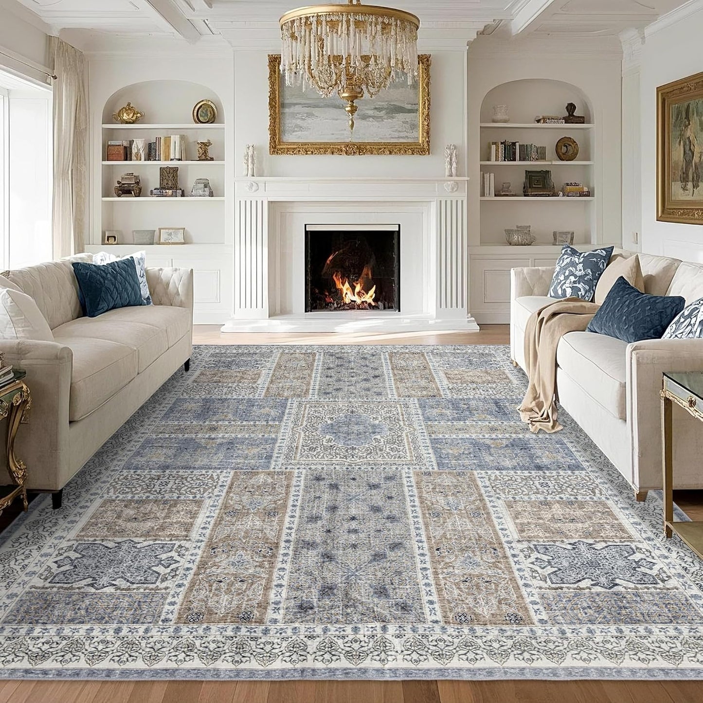 10x14 Area Rug Washable: Oriental Soft Area Rug for Living Room Bedroom No Shedding - Low Pile Thin Carpet Rug for Dining Room Non Slip - Boho Vintage Rug for Home Decor - Blue Grey