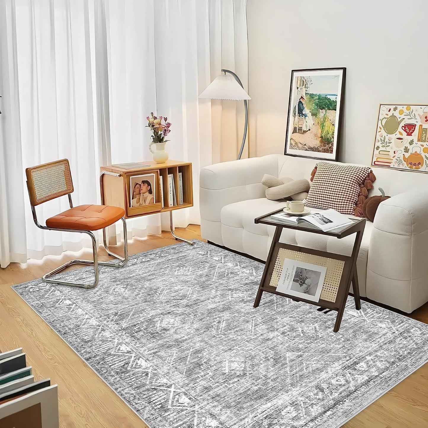 Vintage Moroccan Trellis Area Rug - 3x5 Machine Washable Boho Geometric Farmhouse Rugs Neutral Stain Resistant Non Slip Indoor Carpet for Entrance Bedroom Dining Room Nursery Home Office (3 x 5, Grey)