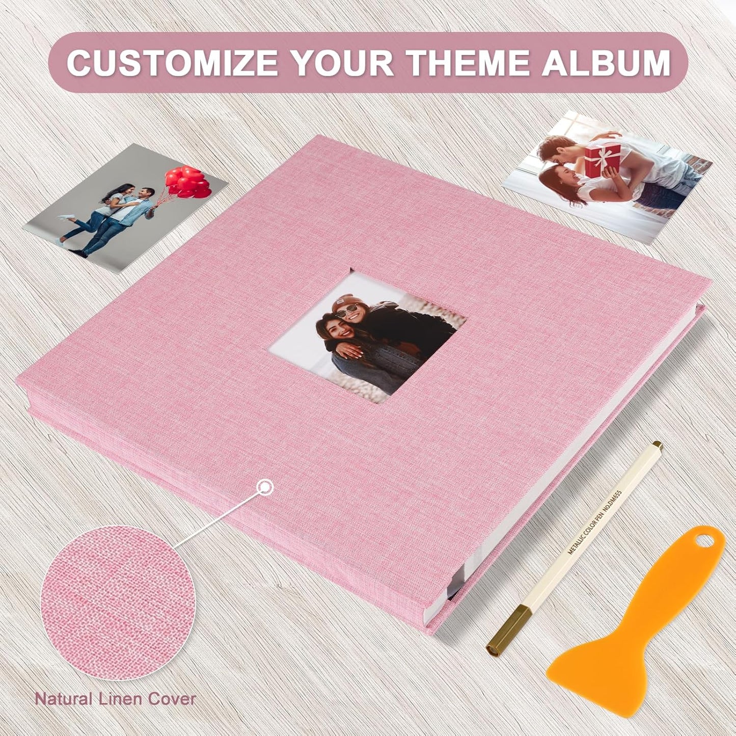 Photo Album Self Adhesive Pages Scrapbook Magnetic Photo Albums for 4x6 5x7 8x10 Pictures Sticky Pages Books for Baby Family Wedding 13.2x12.8 Pink 60 Pages