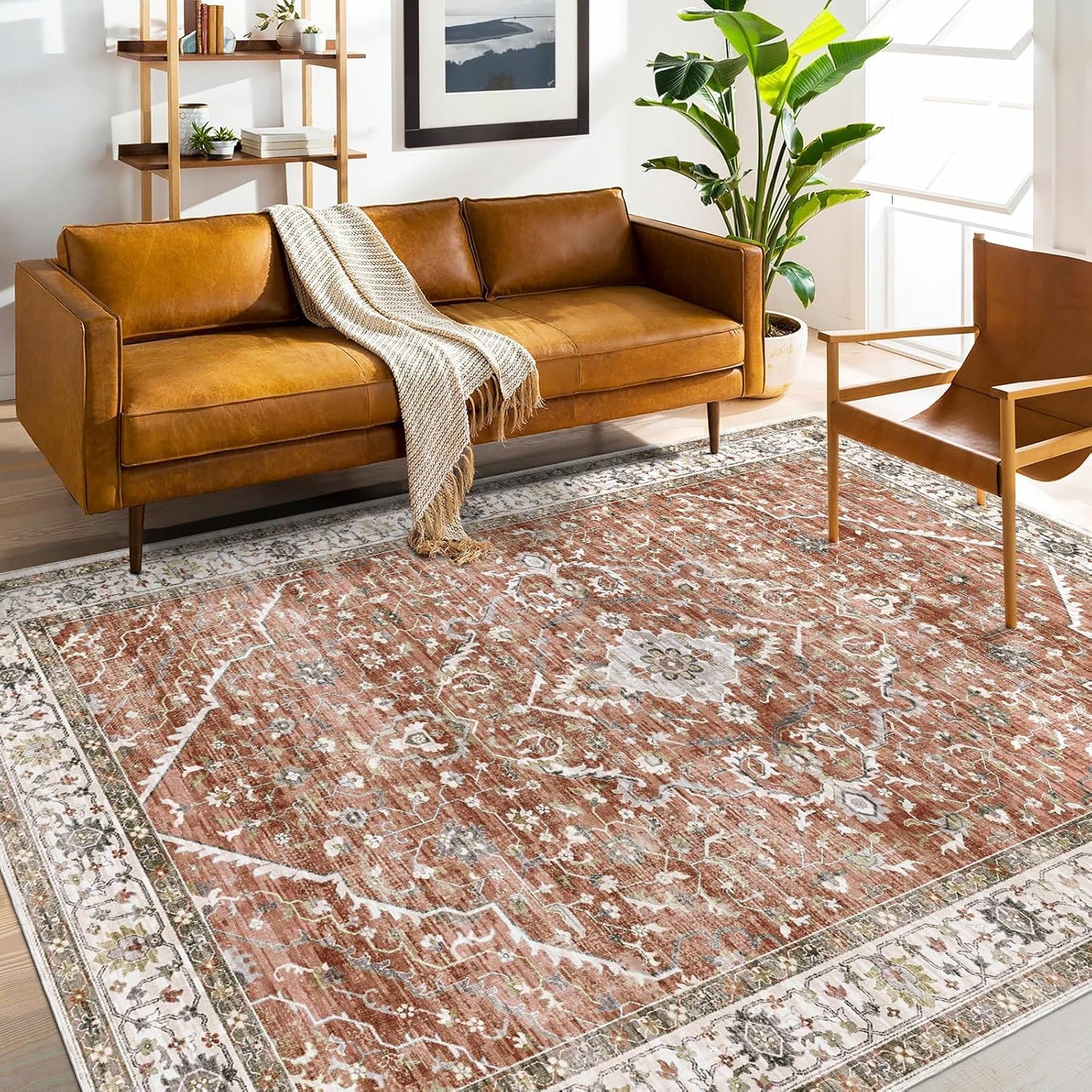 Deerly Large 5x8 Rugs for Dining Room Machine Washable Rugs Boho 5x8 Rug for Living Room Carpet Non-Slip Family & Pet Friendly Area Rugs Print Floor Rug(Border Brick Red 5x8ft)