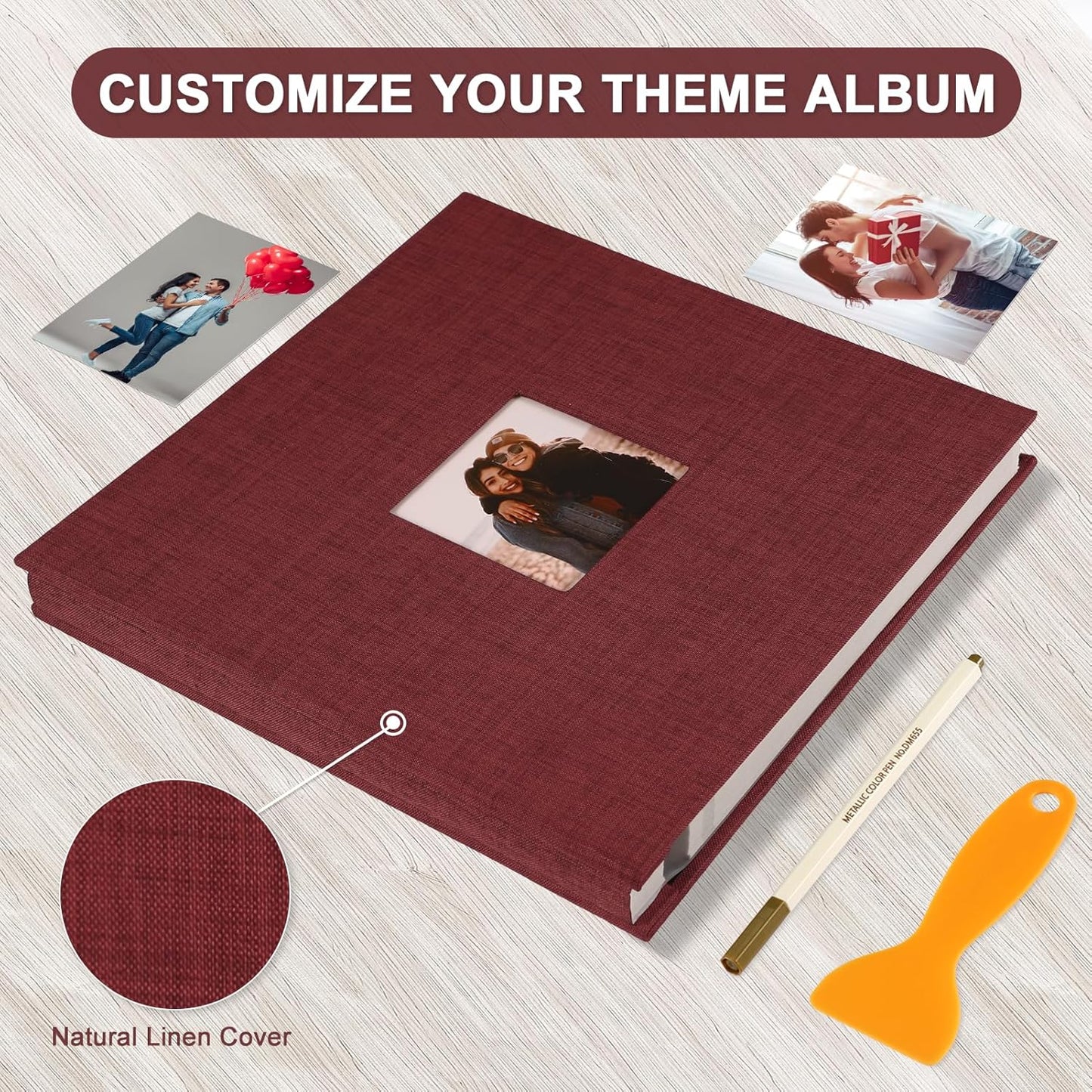 Photo Album Self Adhesive Pages Scrapbook Magnetic Photo Albums for 4x6 5x7 8x10 Pictures Sticky Pages Books for Baby Family Wedding 11x10.6 Red 60 Pages