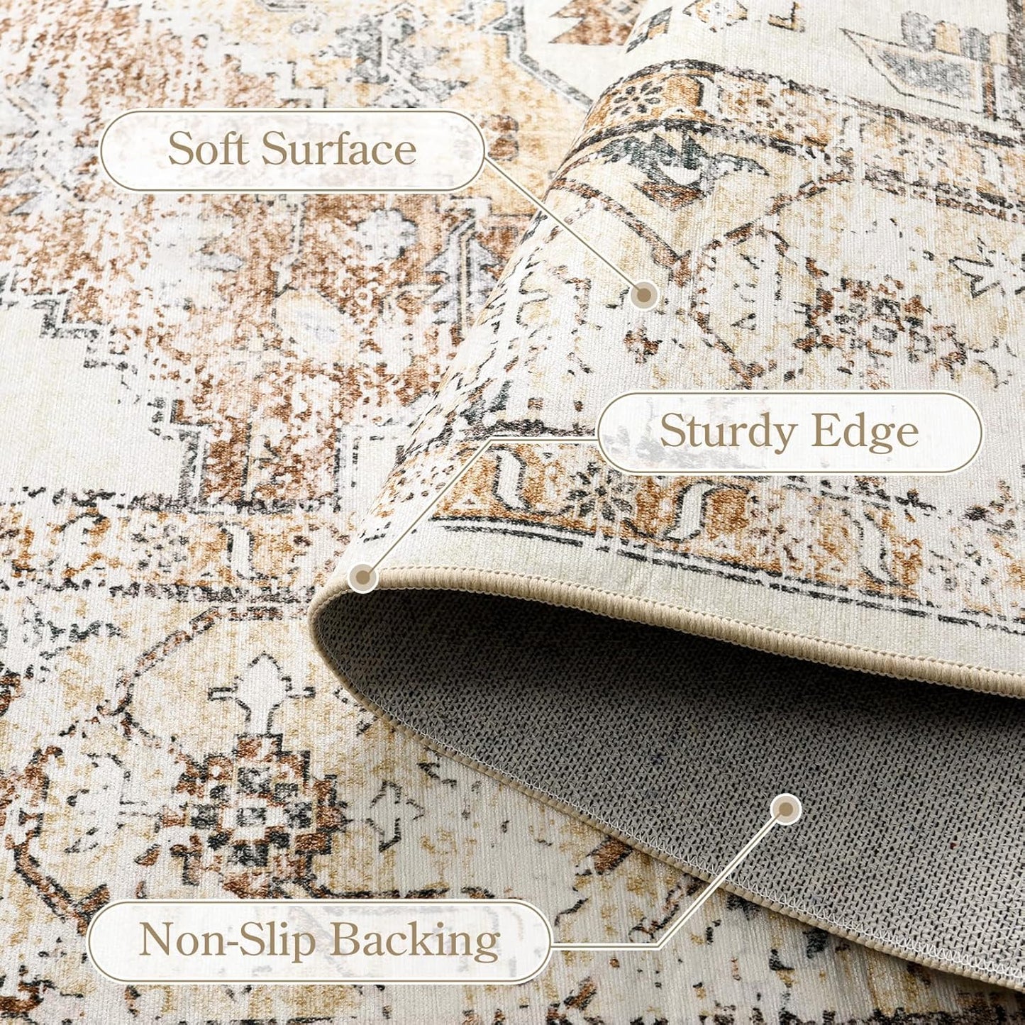 Lahome Washable Living Room Area Rugs 8x10 - Boho Ultra-Thin Non-Slip Bedroom Rug 8x10 Under Bed, Farmhouse Neutral Print Floor Carpet for Dining Room Office (Taupe,8'x10')