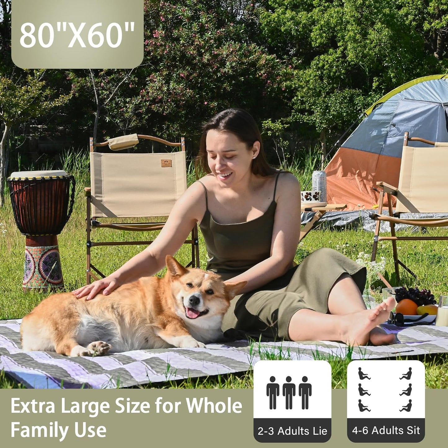 HX&OD Outdoor Picnic Blanket Extra Large, 80''*60'' Waterproof Picnic Mat with Stakes Foldable Camping Blanket Portable with Carry Strap for Beach Mat (Green& White, 80''*60'')