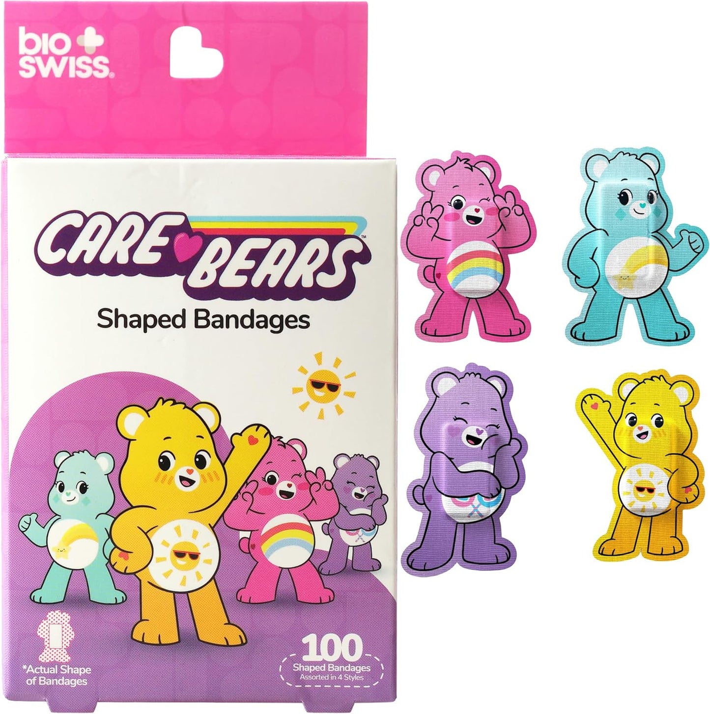 BioSwiss Care Bears Bandages, Unlock The Magic Care Bear Shaped Self Adhesive Bandage, Latex Free Sterile Wound Care, Fun First Aid Kit Supplies for Kids, 100 Count
