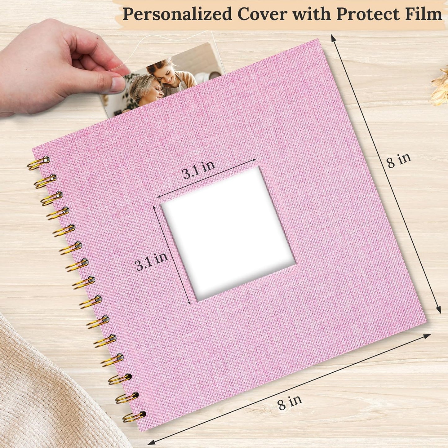 Scrapbook Photo Album Linen Cover, 8 x 8 Inch Hardcover Kraft White Pages Memory Book, for Travel Wedding Guest Book Christmas Baby Shower (20 Sheets/ 40 Pages,Pink)