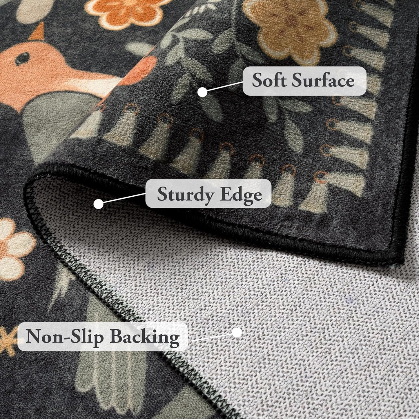 Moynesa Boho Bird Area Rug 9x12 for Living Room, Washable Rugs 9x12 Black Floral Bedroom Rug Low-Pile Soft Playroom Carpet, Jungle Pattern Vintage Rug Indoor Floor Carpet for Nursery