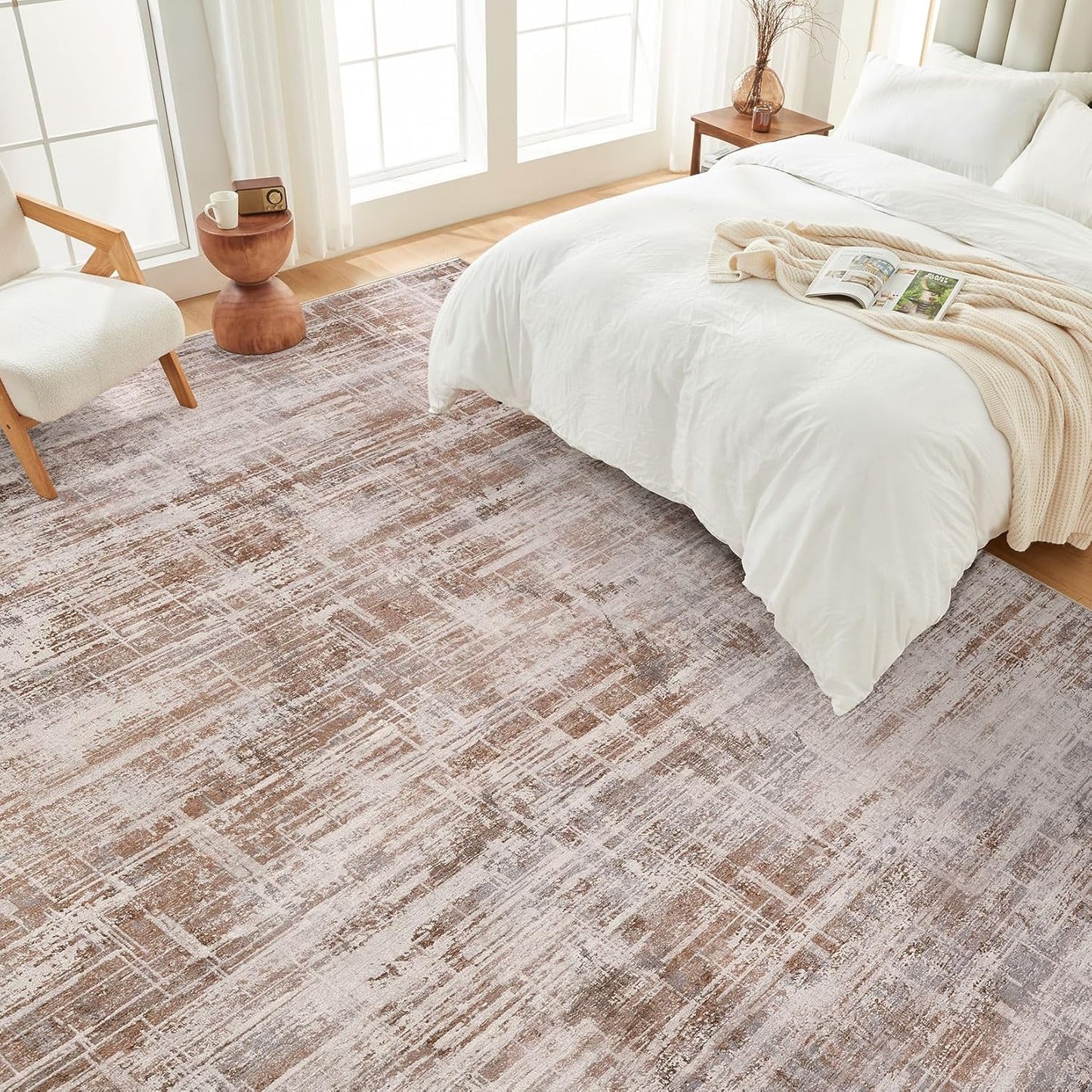 Area Rug for Living Room: 8x10 Washable Neutral Abstract Modern Soft Rugs Non Slip Indoor Floor Stain Resistant Large Carpet for Bedroom Dining Room Office Nursery - Red Brown