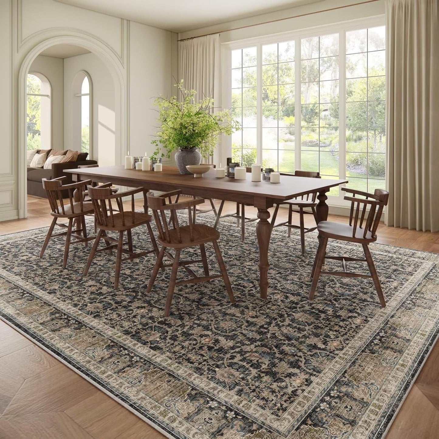 Washable 10x14 Area Rugs for Living Room, Boho Non-Slip Silicone Backing Rugs for Bedroom Dining Room Office, 0.3" Neutral Oriental Throw Carpet with 0.16" Cushioning Pad, Black/Multi