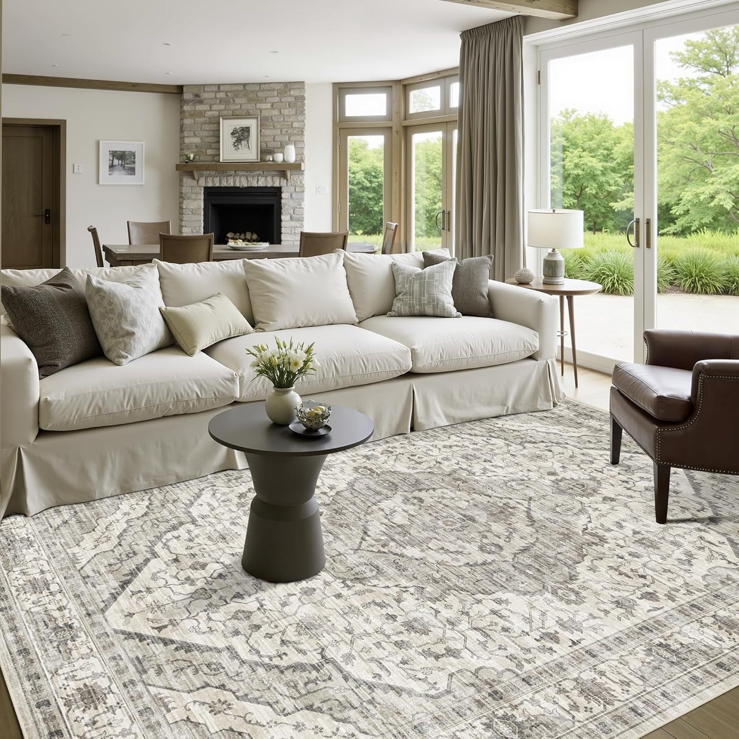 Area Rug 4x6 for Living Room - Vintage Machine Washable Soft Indoor Boho Rug for Bedroom Decor, Non-Slip Backing Farmhouse Cream/Grey