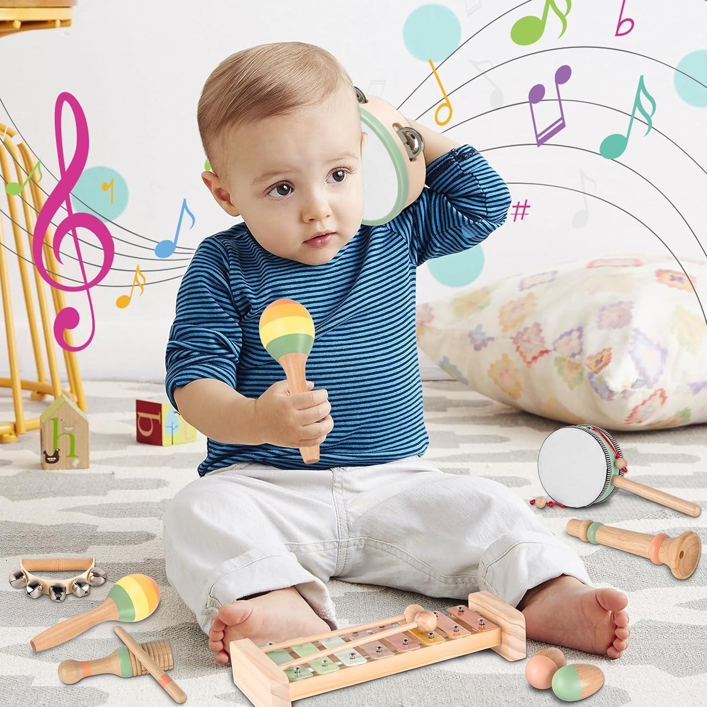 VINJOE Baby Musical Instruments-Toddler Montessori Wooden Musical Toys for Kids 1-3, Neutral Colors Percussion Instruments Set Early Learning Musical Toys for Preschool Educational Birthday Gifts