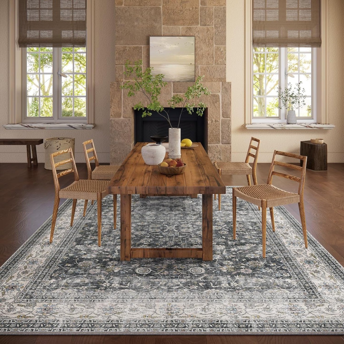 Machine Washable Rugs for Living Room: 5x7 Bedroom Rug Vintage Boho Area Rug Stain Resistant Non Slip Low Pile Lightweight Soft Carpets for Living Room Dining Room Kitchen Nursery Kids Room Farmhouse