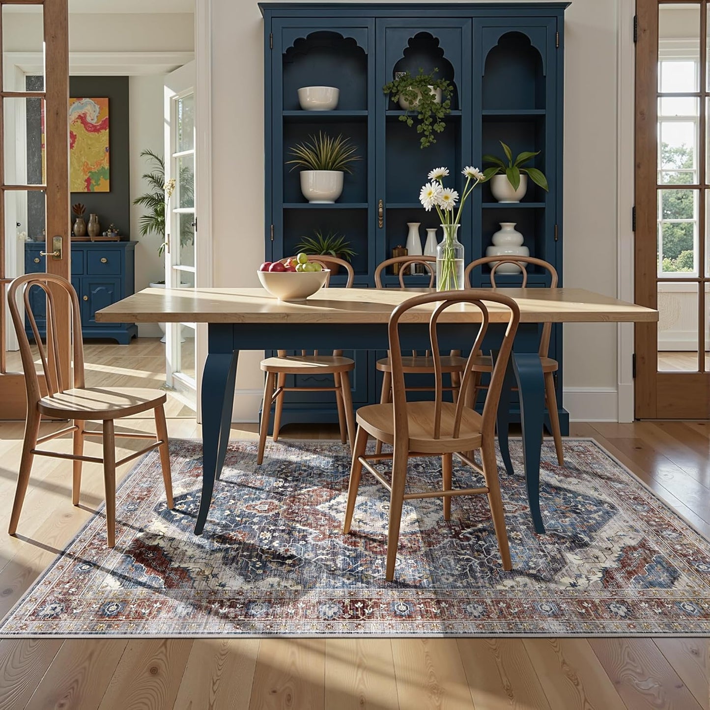 Rugs 5x7 Washable Rug, Non Slip Large Rug for Living Room Bedroom Dining Room, Low-Pile Kid & Pet Friendly Distressed 5x7 Carpet Print Floor (Border Brown/Navy Blue)