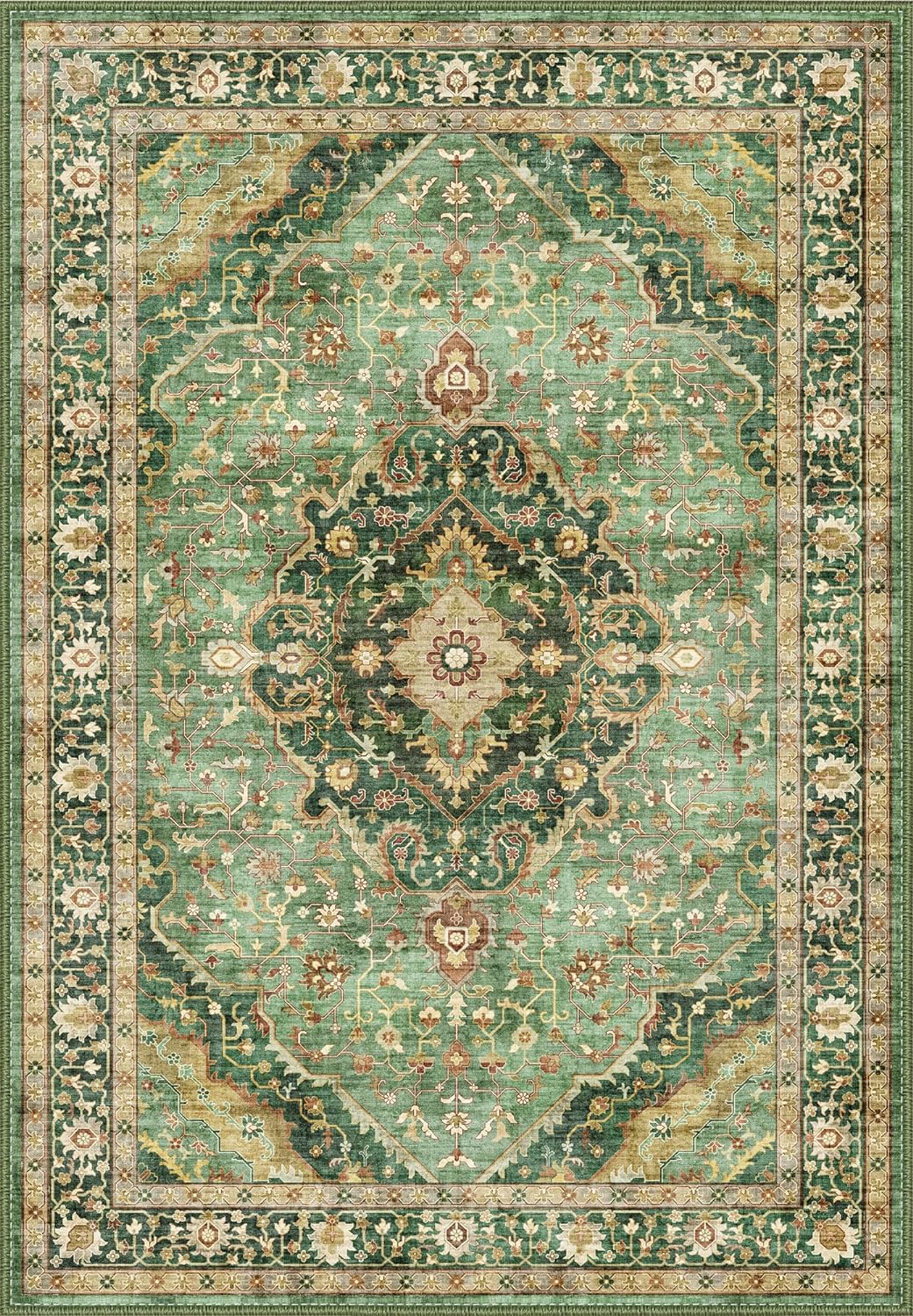 6x9 Vintage Rugs for Dining Room, Washable Rugs Non Slip Large Area Rug for Living Room Bedroom Office, Floor Decoration Big Rug Mat Low-Pile Kid & Pet Friendly(Border Green)