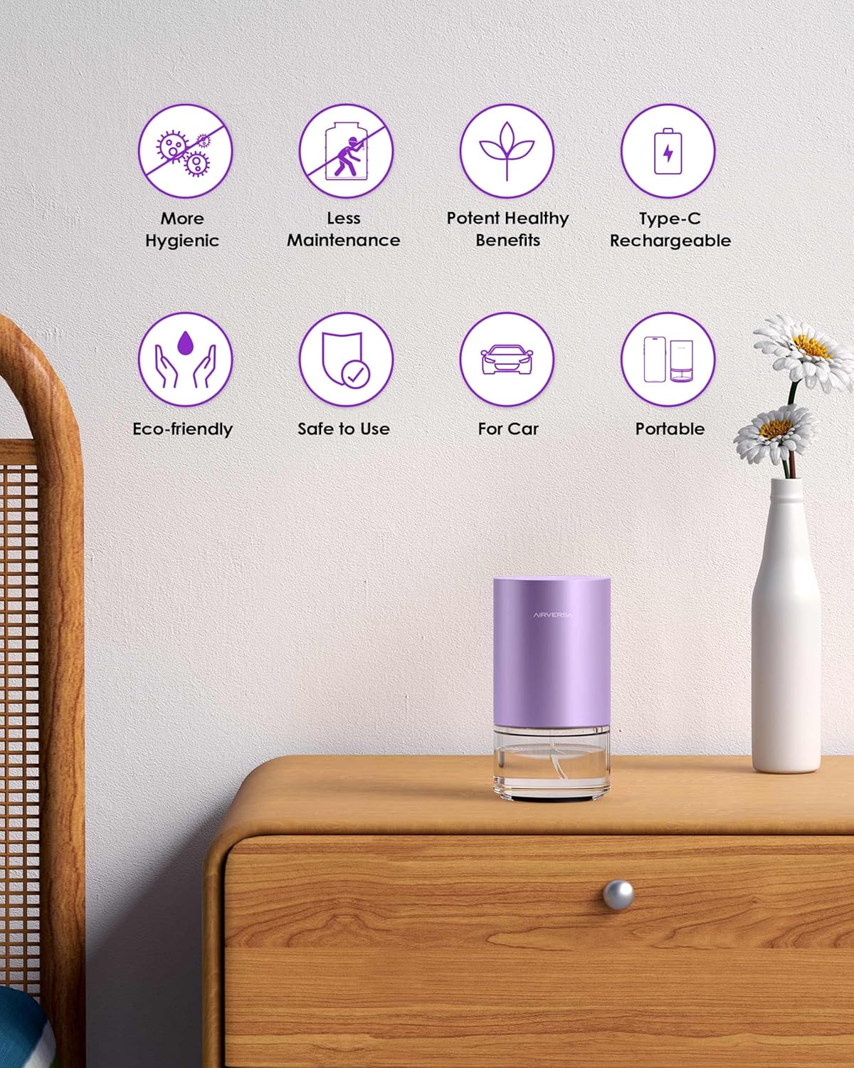 Essential Oil Diffuser Waterless Aromatherapy Diffusers for Home Large Room, Bedroom, Car, Office, Desk, Battery Operated, Small Diffuser for Pure Scent, 100mL Capacity, AN9 (Lavender)
