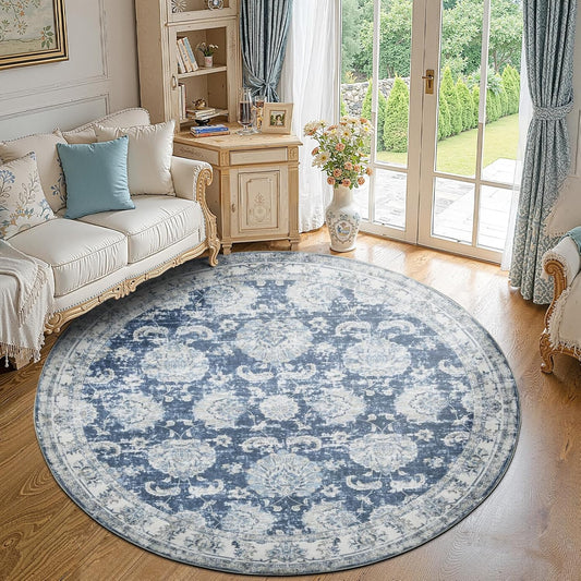 jinchan Round Rug 8ft Area Rug - Dark Blue Vintage Floor Mat Kitchen Indoor Ultra-Thin Soft Floral Print - Washable Circle 8' Retro Accent for Farmhouse Non Slip Dining Room Living Room Bedroom Office
