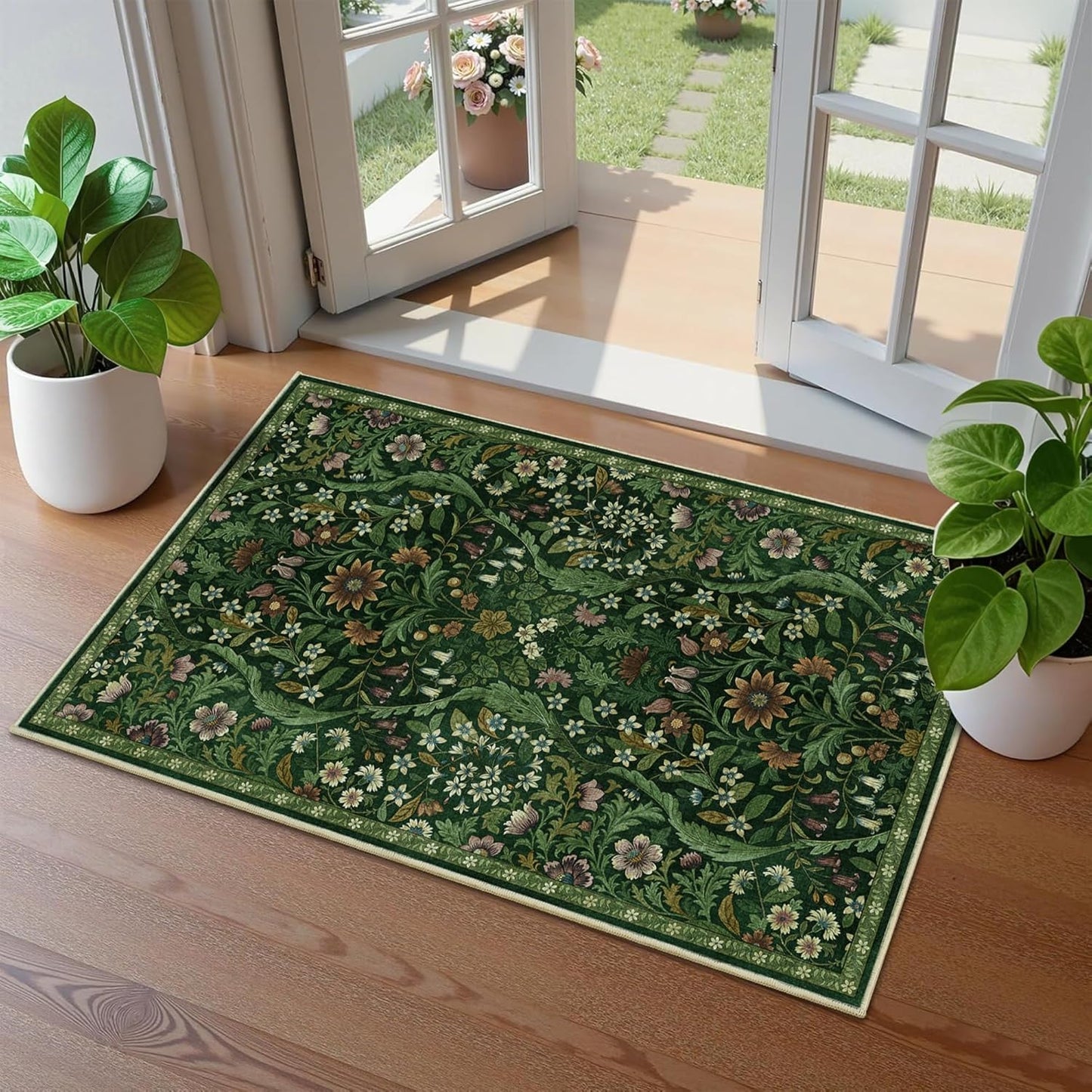 Floral 2x3 Entryway Rug,Washable Front Door Mat Indoor Non Slip Low Pile Small Carpet, Soft Green Boho Botanical Throw Rug for Bathroom Bedroom Kitchen Laundry Indoor Entrance