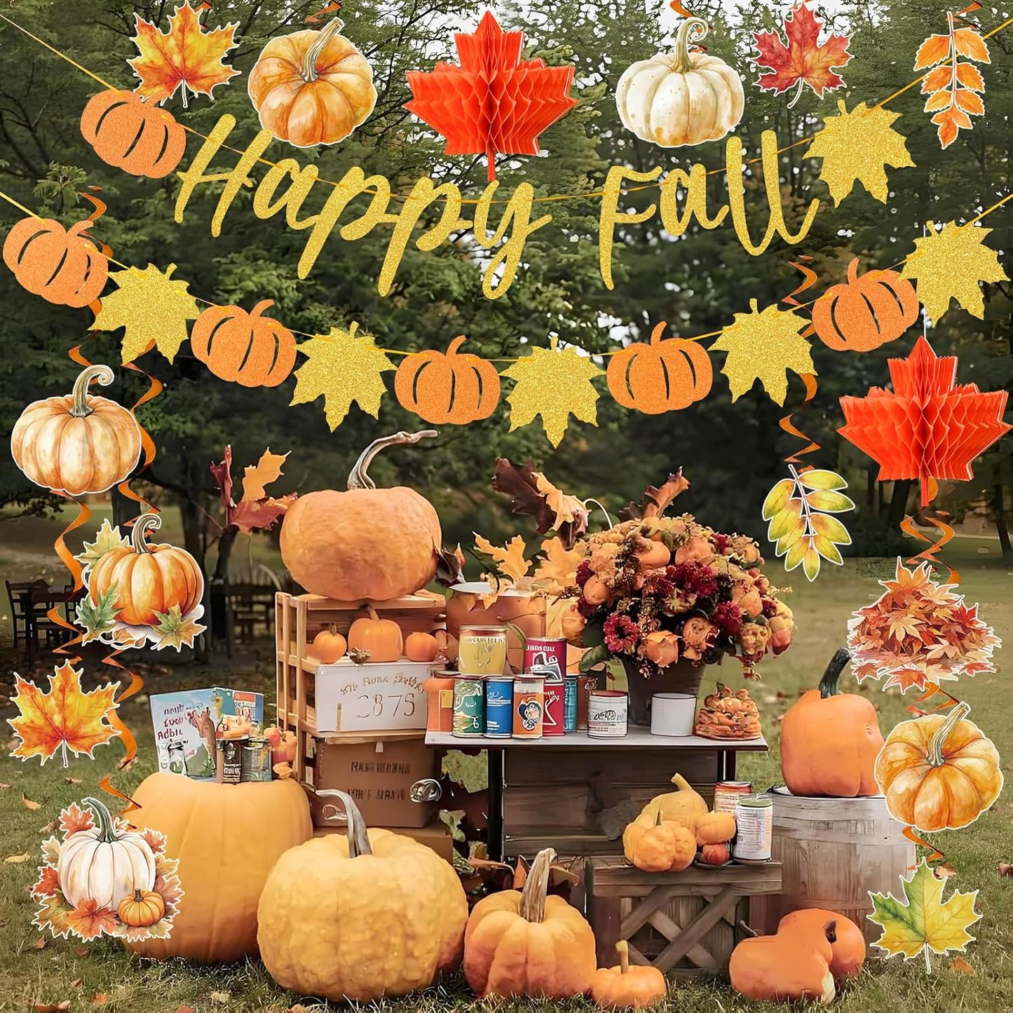 Happy Fall Party Decorations, with Pre-strung Pumpkin Banners and Hanging Swirls, Thanksgiving Hanging Decorations, Autumn Pumpkin Decorations for Home Indoor Fall Thanksgiving Party