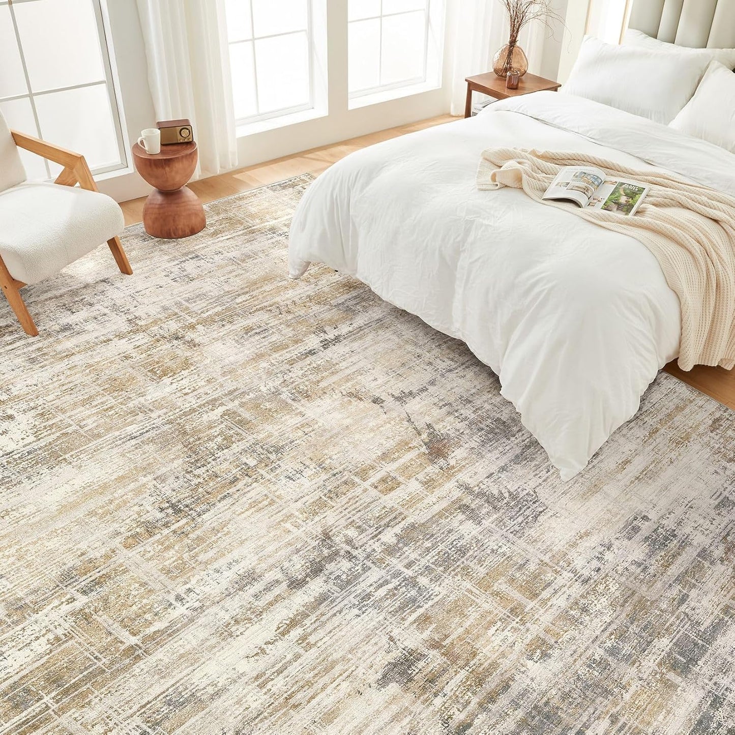 Area Rug for Living Room: 10x14 Washable Neutral Abstract Modern Soft Rugs Non Slip Indoor Floor Stain Resistant Large Carpet for Bedroom Dining Room Office Nursery - Golden Brown