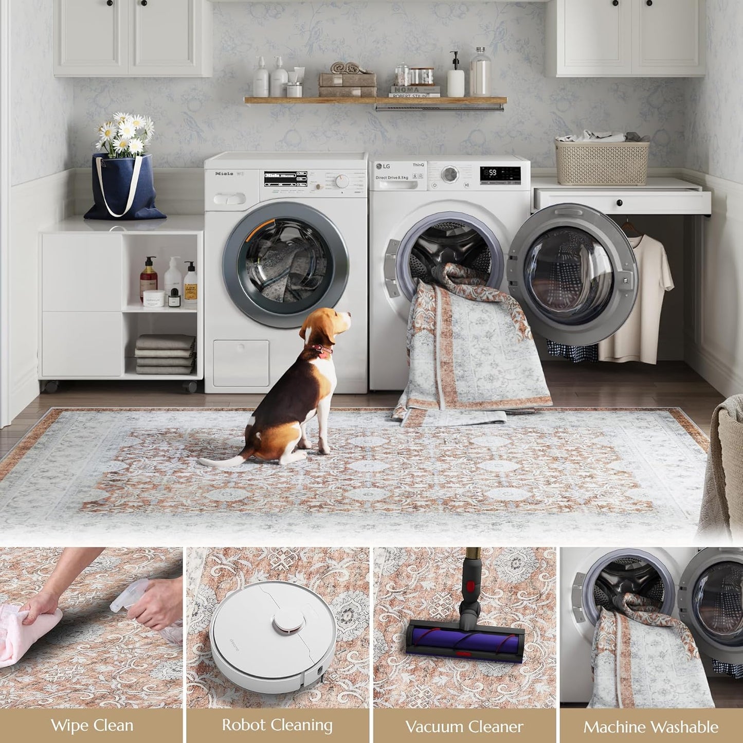 jinchan Round Rug 8ft Washable Circle Soft Rug - Low Pile Vintage 8'Round Indoor Orange Floral Print Stain Resistant Boho Carpet Ultra-Thin Non-Slip for Living Room Bedroom Dining Room Kitchen