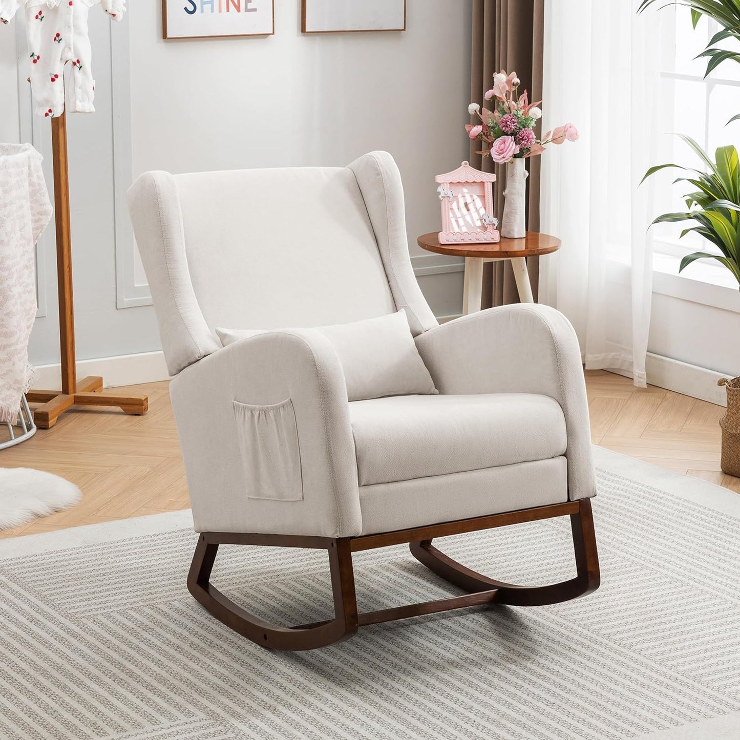 Rocking Chair Nursery Glider Chair with Foot Rest, Nursery Rocking Chairs with Rubber Wood Legs Side Pocket, High Back Nursing Chair, Accent Rocker Arm Chair Baby Bedroom, Living Room, Beige