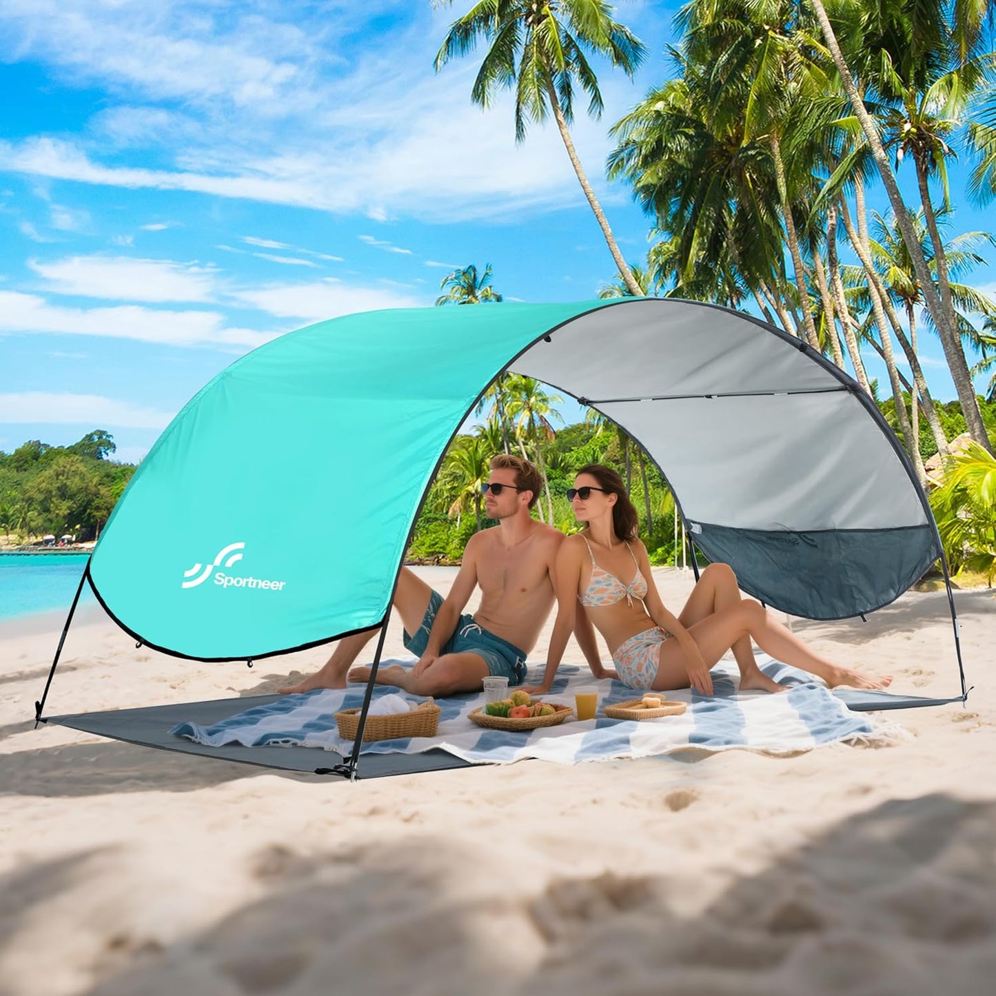 Sportneer Beach Tent Sun Shelter: UPF 50+ UV Protection Beach Canopy Tent Sun Shade for 2-3 Person, Easy Set Up Canopy with 8 Wind Ropes and 12 Ground Stakes for Beach, Size 96.5''x55.7''