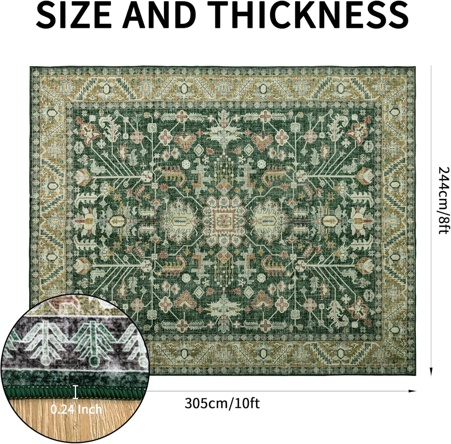 8x10 Area Rugs Washable: Oriental Soft Area Rug for Living Room Bedroom No Shedding - Low Pile Thin Carpet Rug for Dining Room Non Slip - Boho Vintage Rug for Home Decor - Retro Forest Green