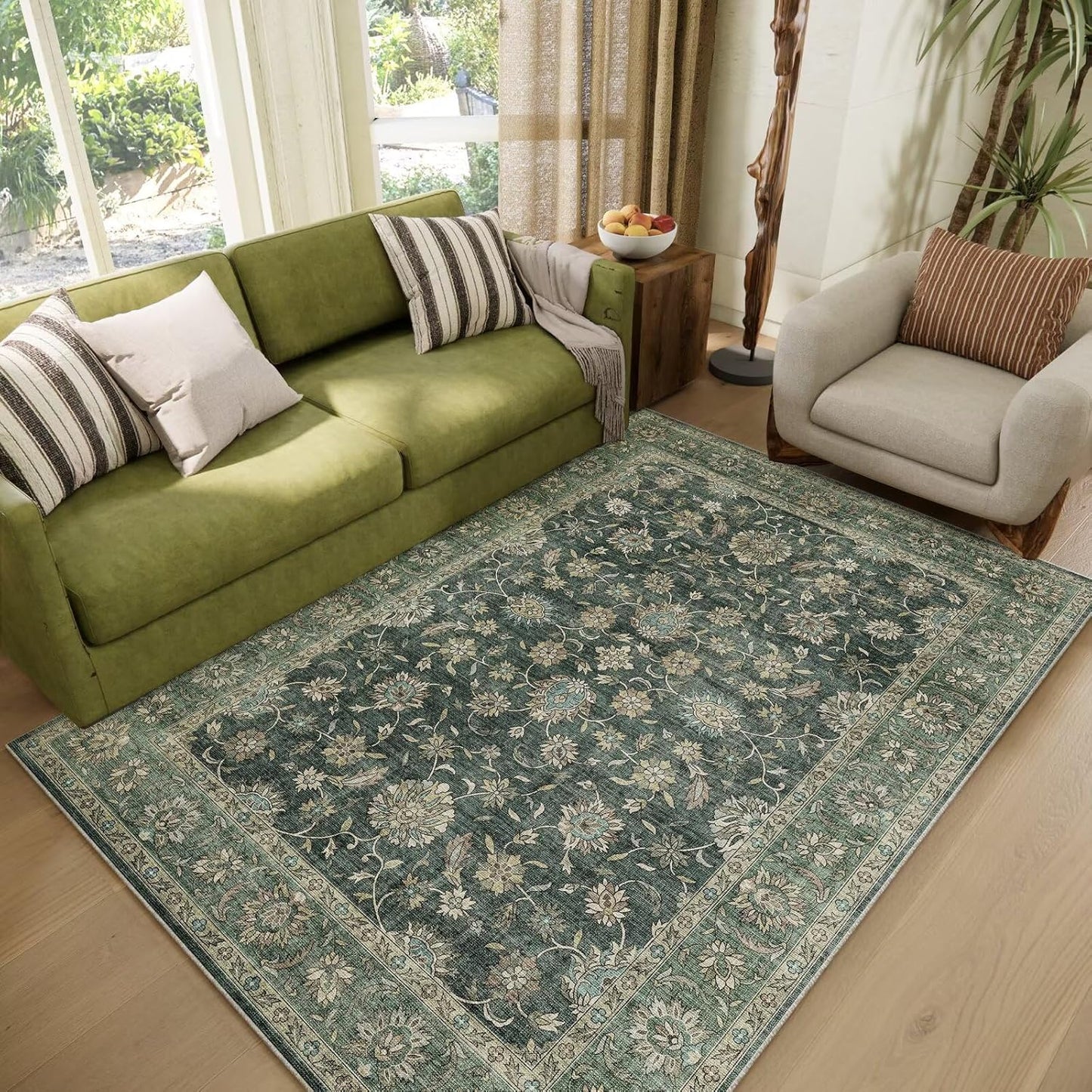 Washable 4x6 Rugs for Living Room, Boho Non-Slip Silicone Backing Small Rugs for Bedroom Nursery Office, 0.3" Neutral Oriental Throw Carpet with 0.16" Cushioning Pad, Sage Green/Multi