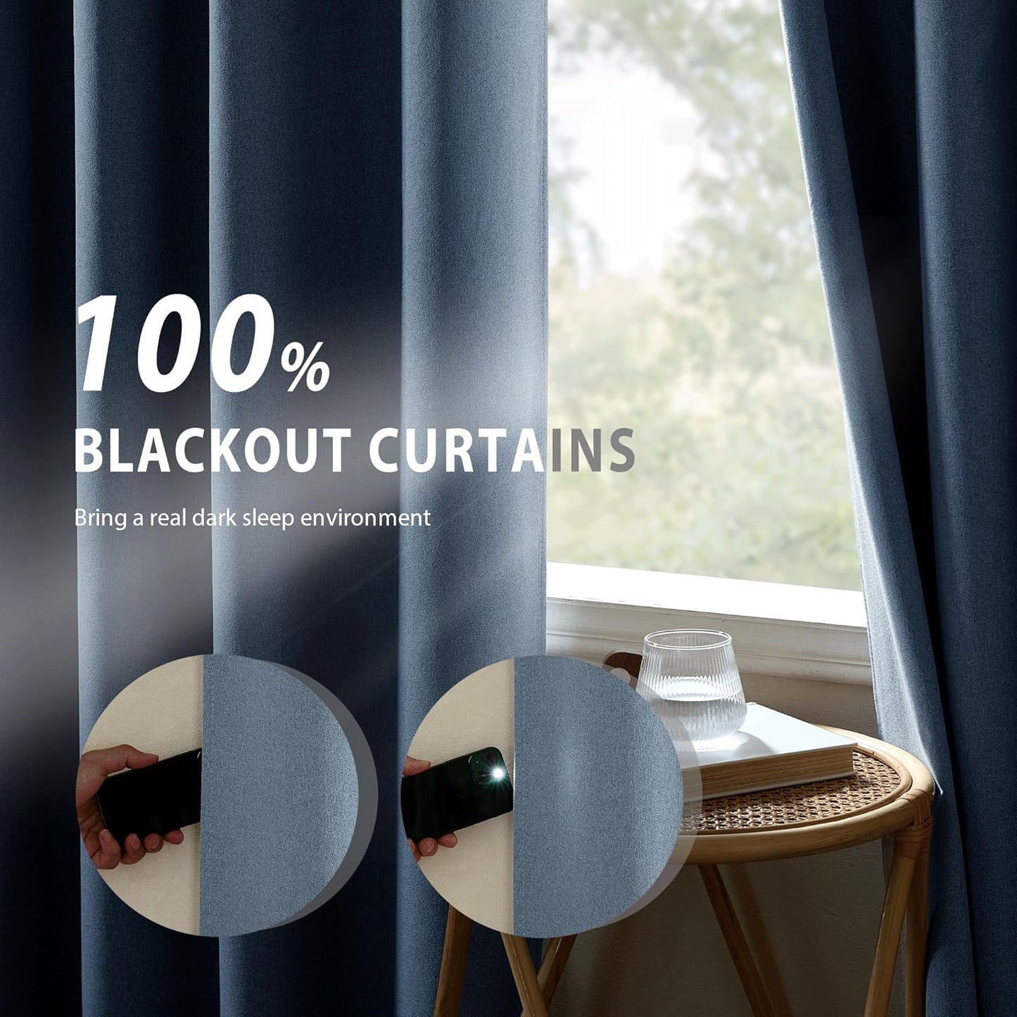 NICETOWN Stone Blue Full Shade Faux Linen Curtain Panels 90" Long, Pair of Energy Smart & Noise Blocking Out Blackout Drapes for Guest Room Window, Thermal Insulated Lined Window Dressing (52 inch)