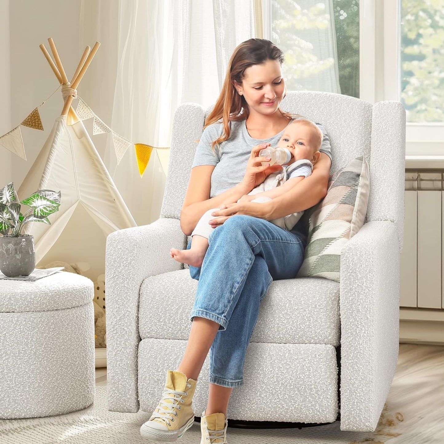 Power Recliner Chair Swivel Gilder Rocking Chairs Skin-Friendly Power Recliner Nursery Chair for Adults with Waist Pillow, USB Charging, Ottoman (Beige, Recliner Chair with Ottoman)