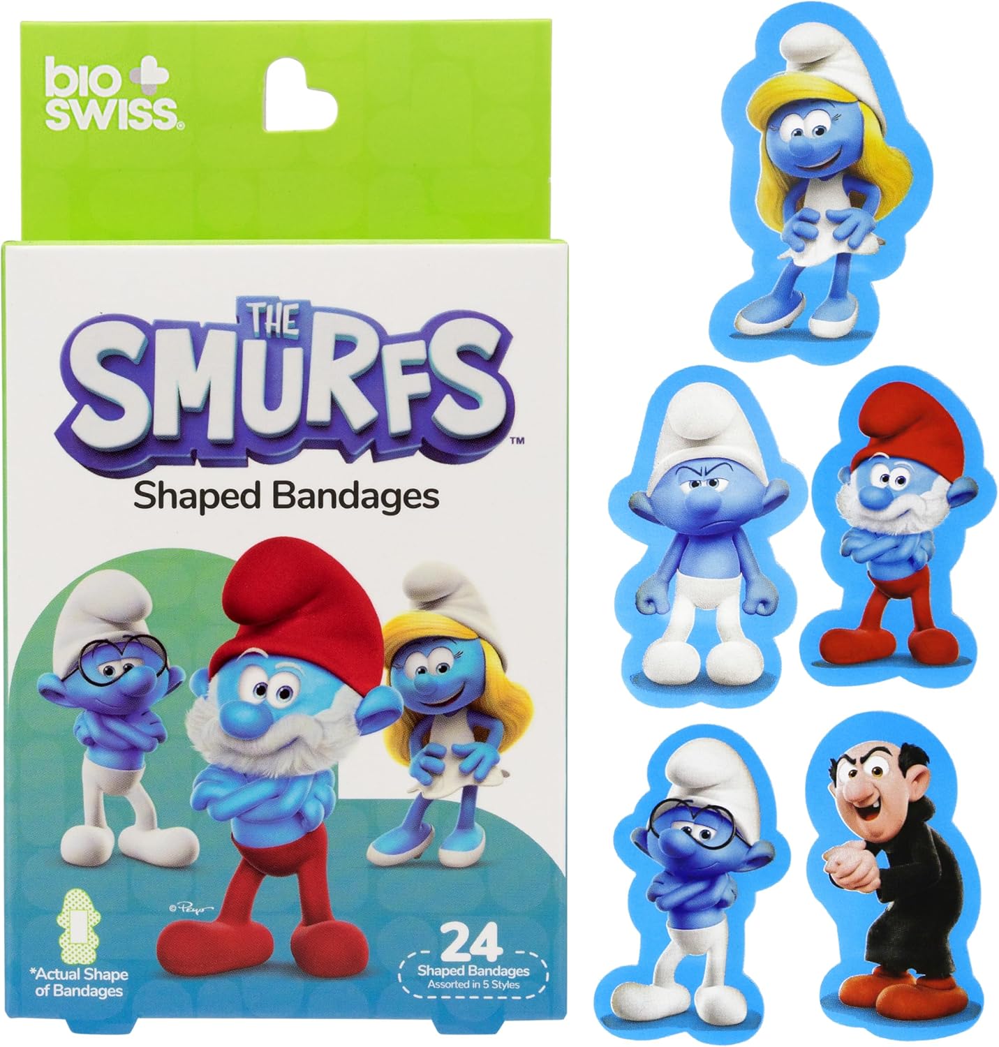 BioSwiss Bandages, The Smurfs in 3D Shaped Self Adhesive Bandage, Latex Free Sterile Wound Care, Fun First Aid Kit Supplies for Kids and Adults, 24 Count Box
