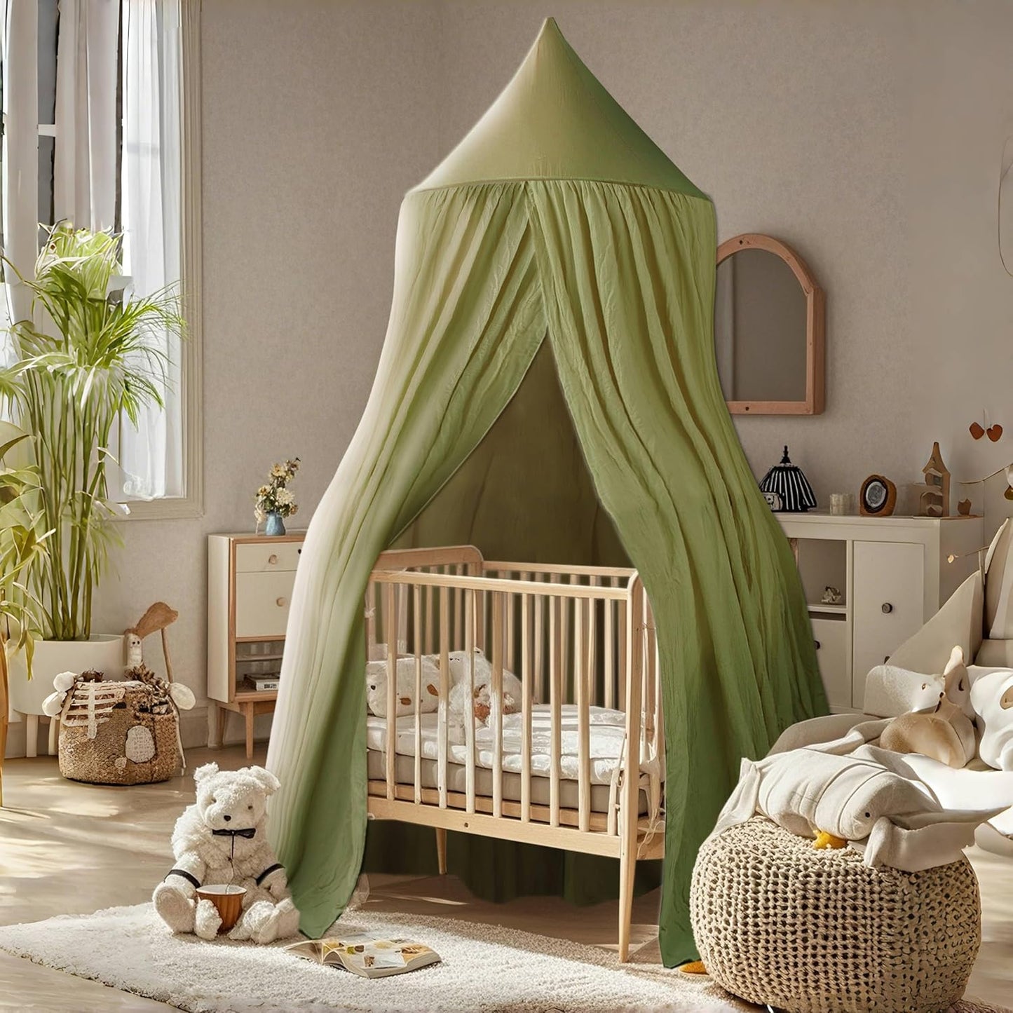 Cotton Kids Bed Canopy, Nursery Room Baby Crib Hanging Curtain Mosquito Net Hideaway Bedding Children Reading Nook Decoration, Pastel Neutral Color for Boys & Girls (Small Green)