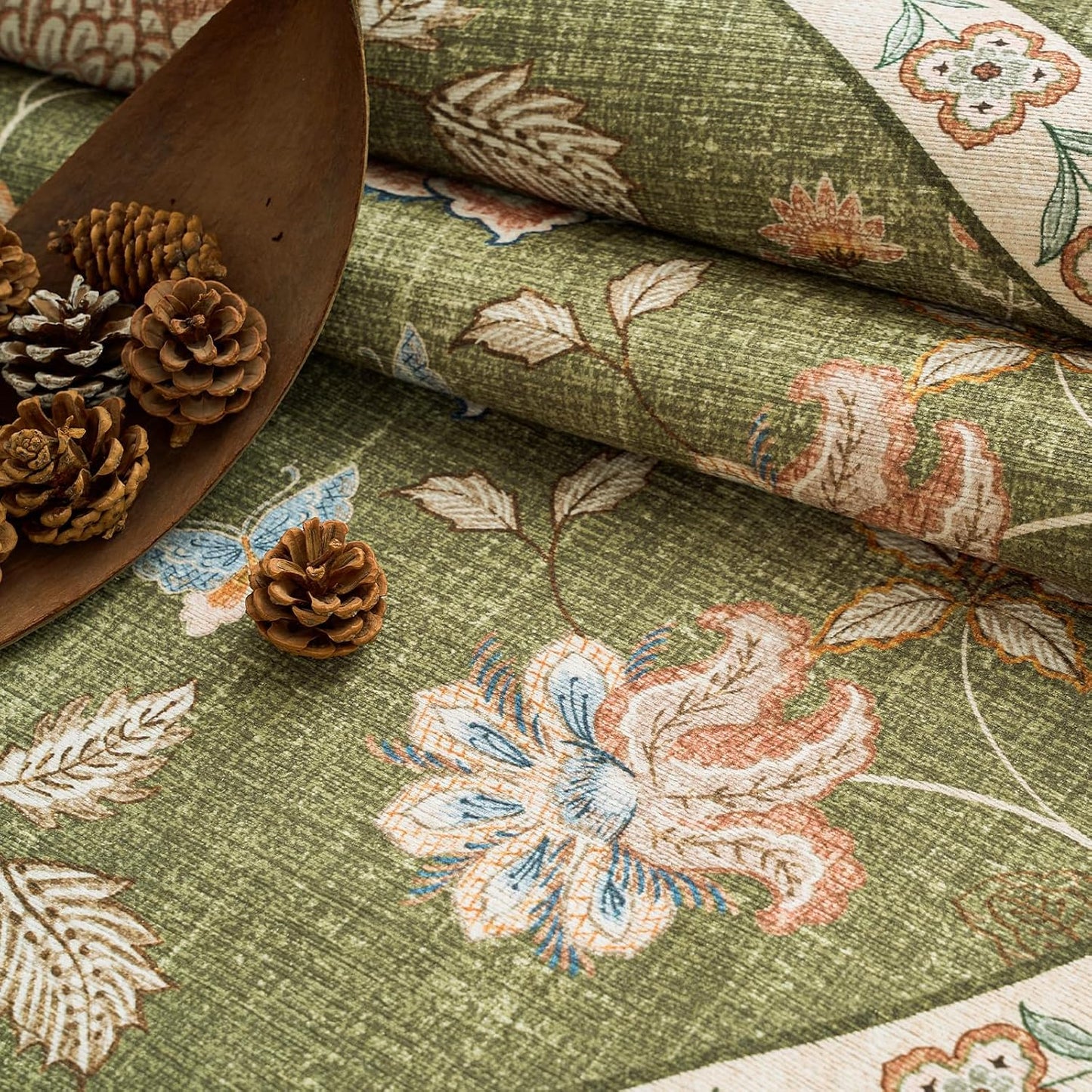 jinchan 2x5 Floral Runner Rug for Hallway Washable Kitchen Runner Vintage Romance Design Non Slip Thin Indoor Floor Cover Low-Profile Throw Carpet for Entryway Bathroom Bedroom Porch, Green